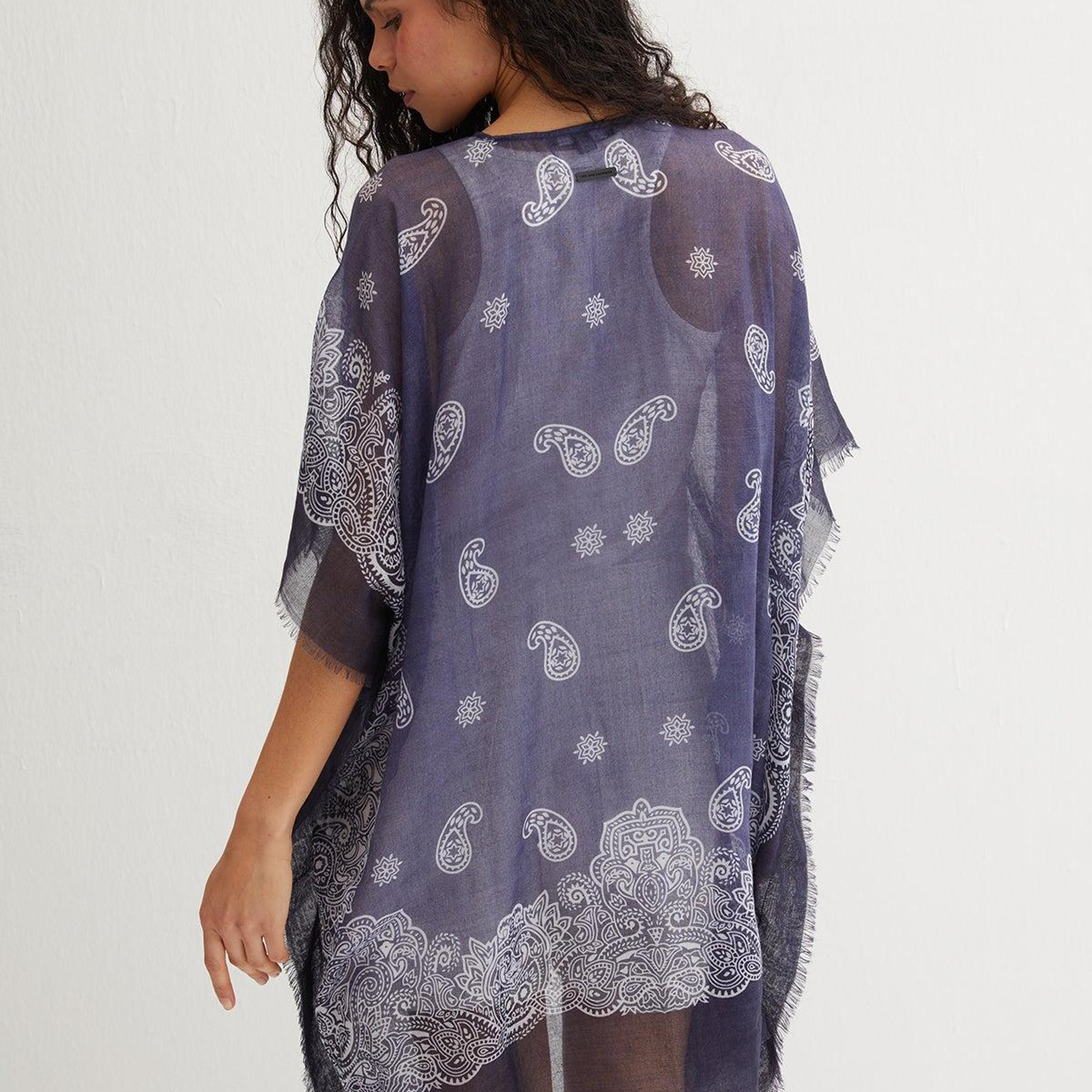 Lacivert Isla İpekli Baskılı Kimono