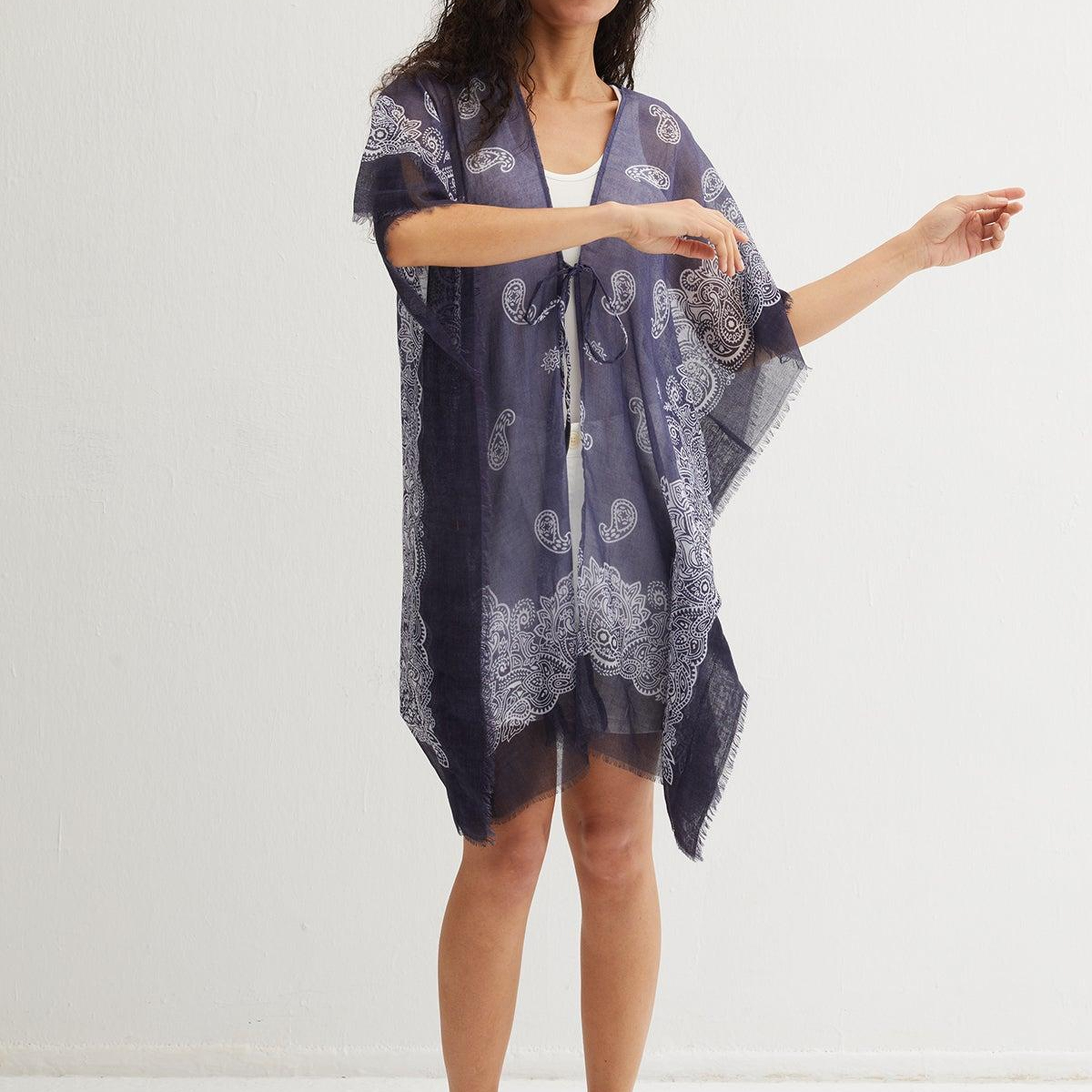 Lacivert Isla İpekli Baskılı Kimono