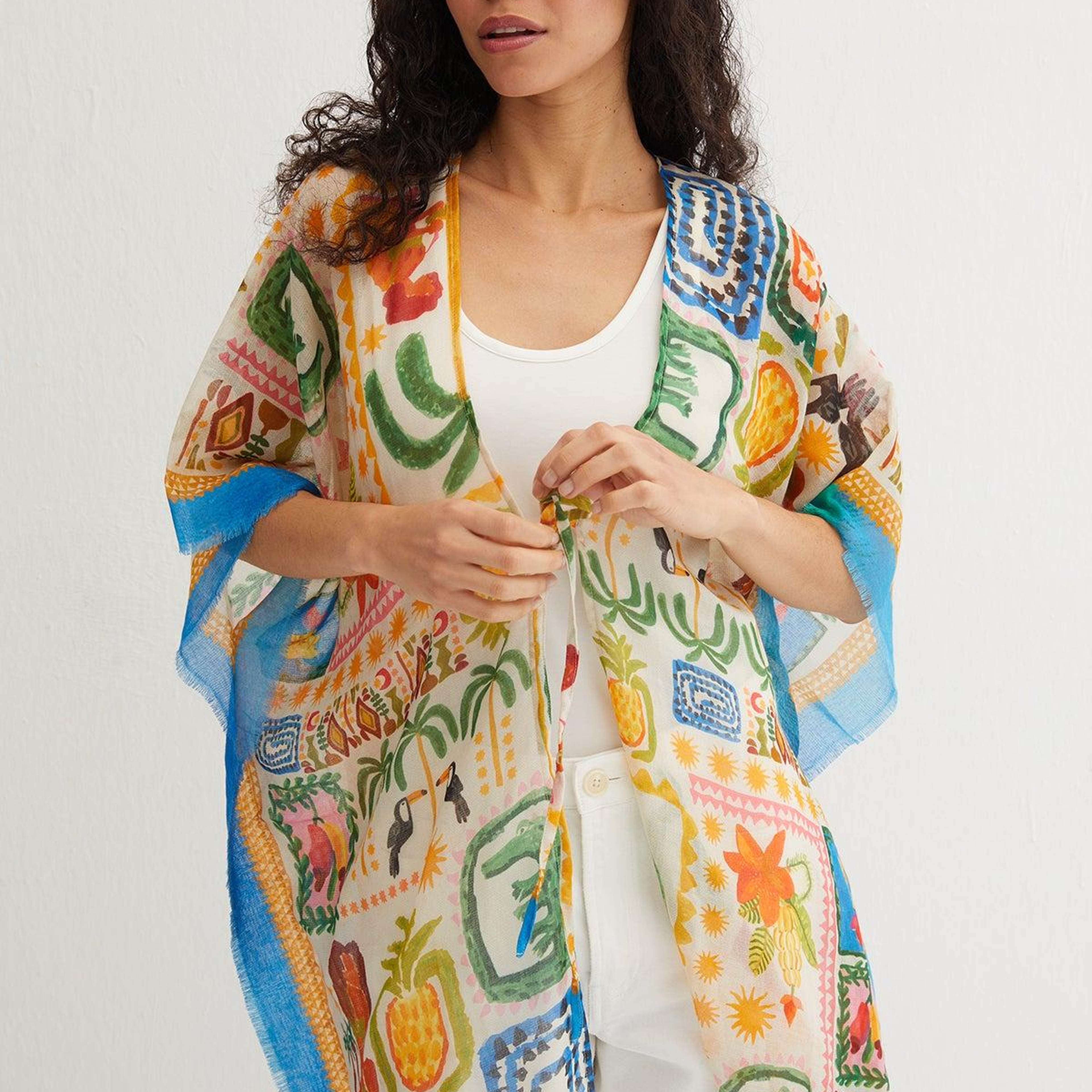 Sarı Isla İpekli Baskılı Kimono