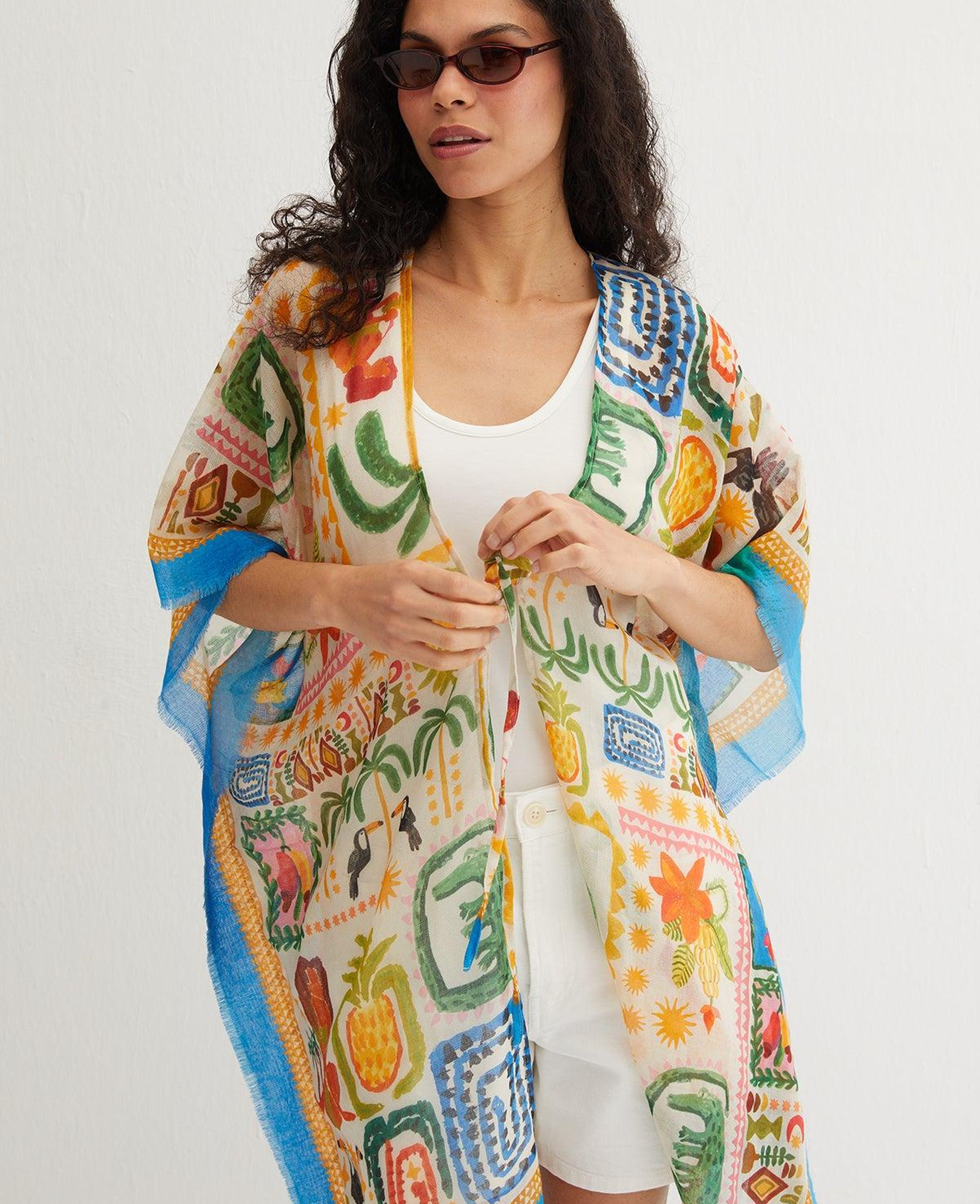 Sarı Isla İpekli Baskılı Kimono