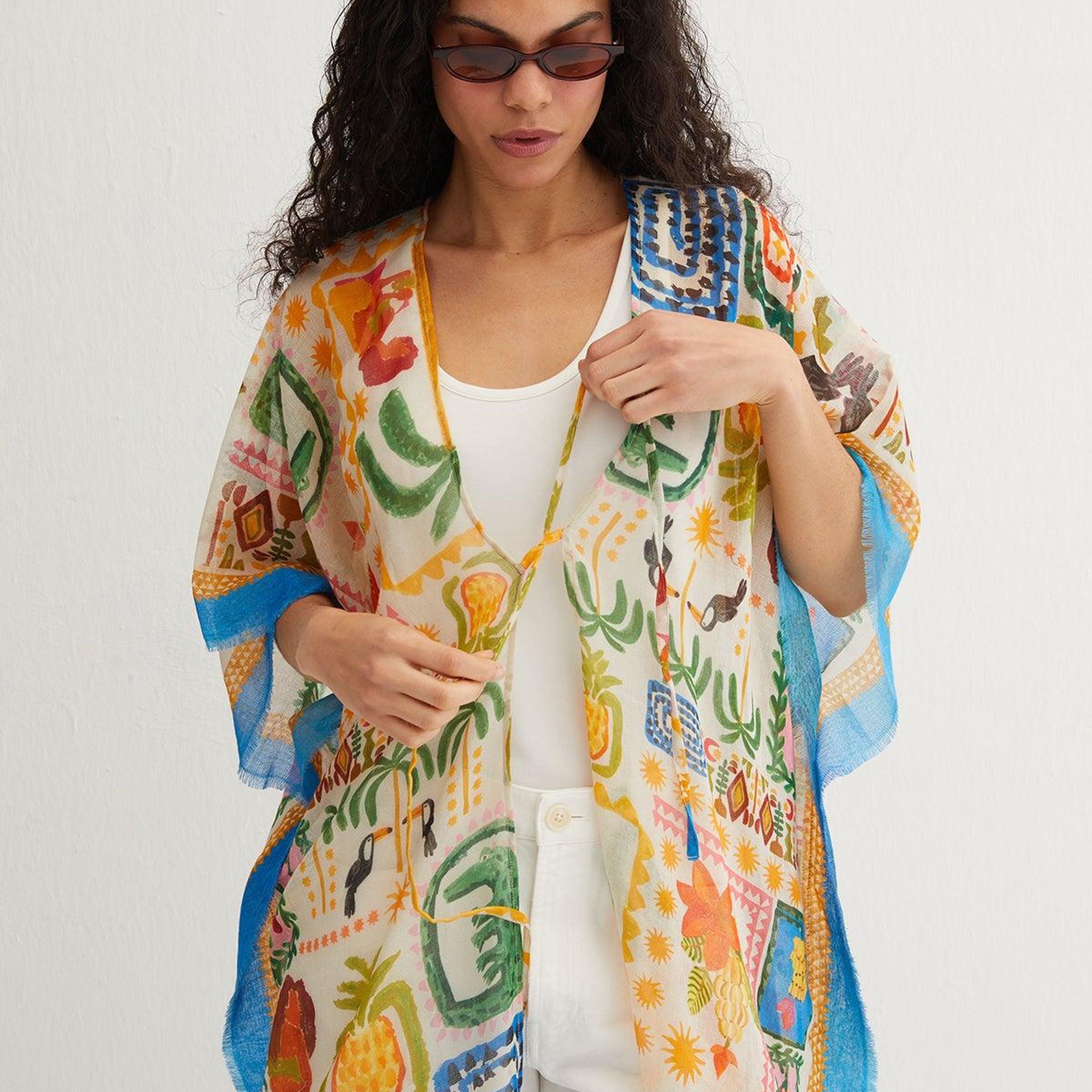 Sarı Isla İpekli Baskılı Kimono