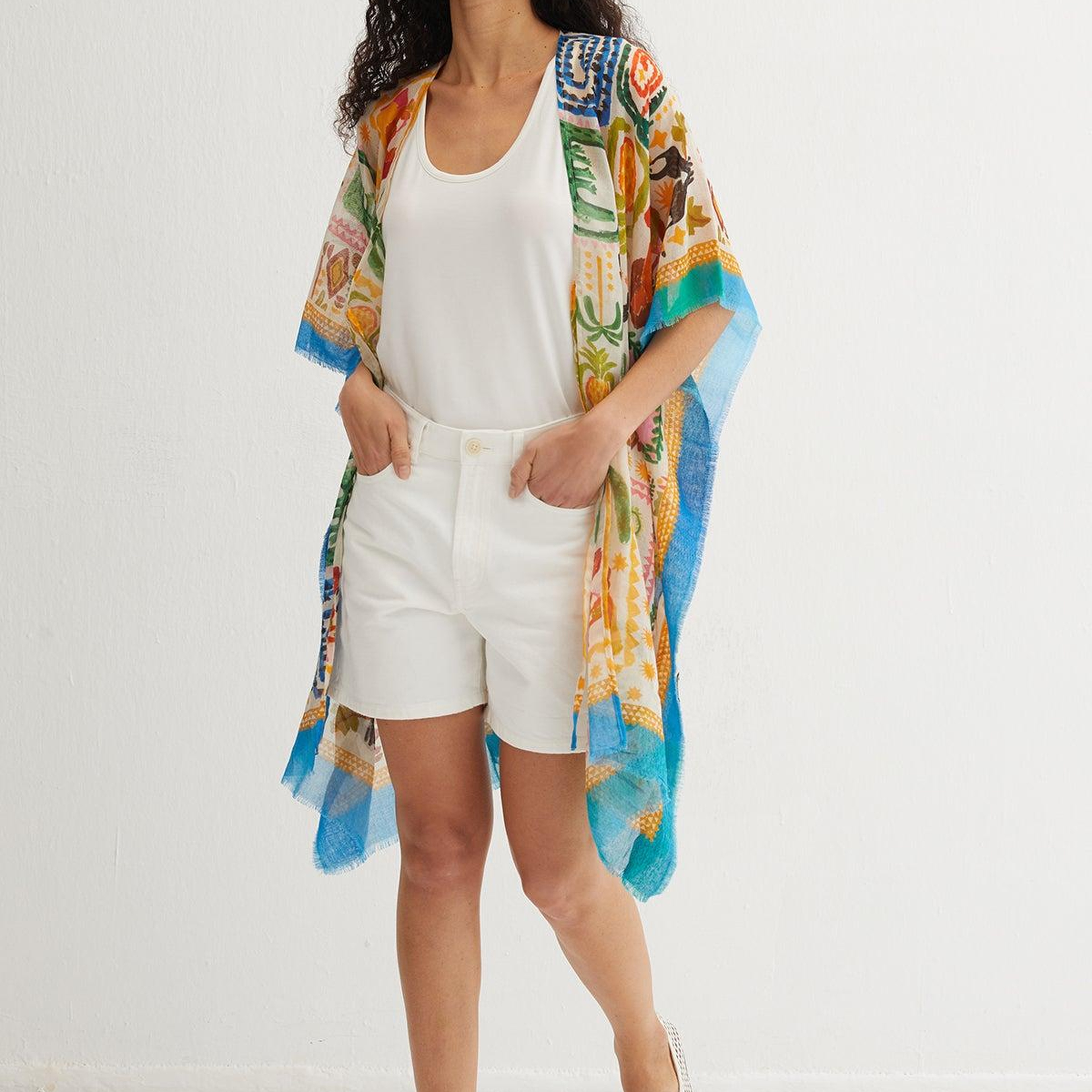 Sarı Isla İpekli Baskılı Kimono