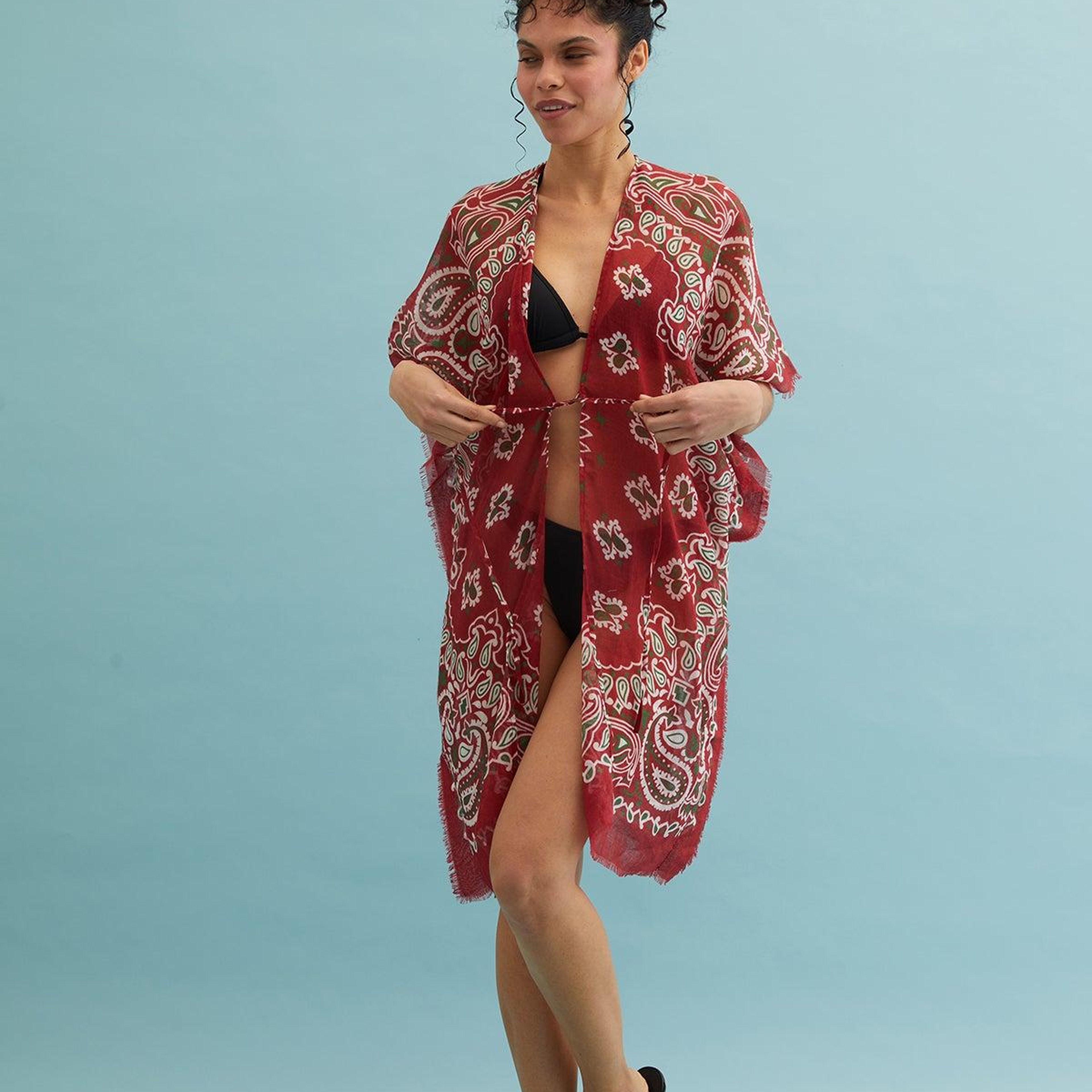 Kırmızı Isla İpekli Baskılı Kimono
