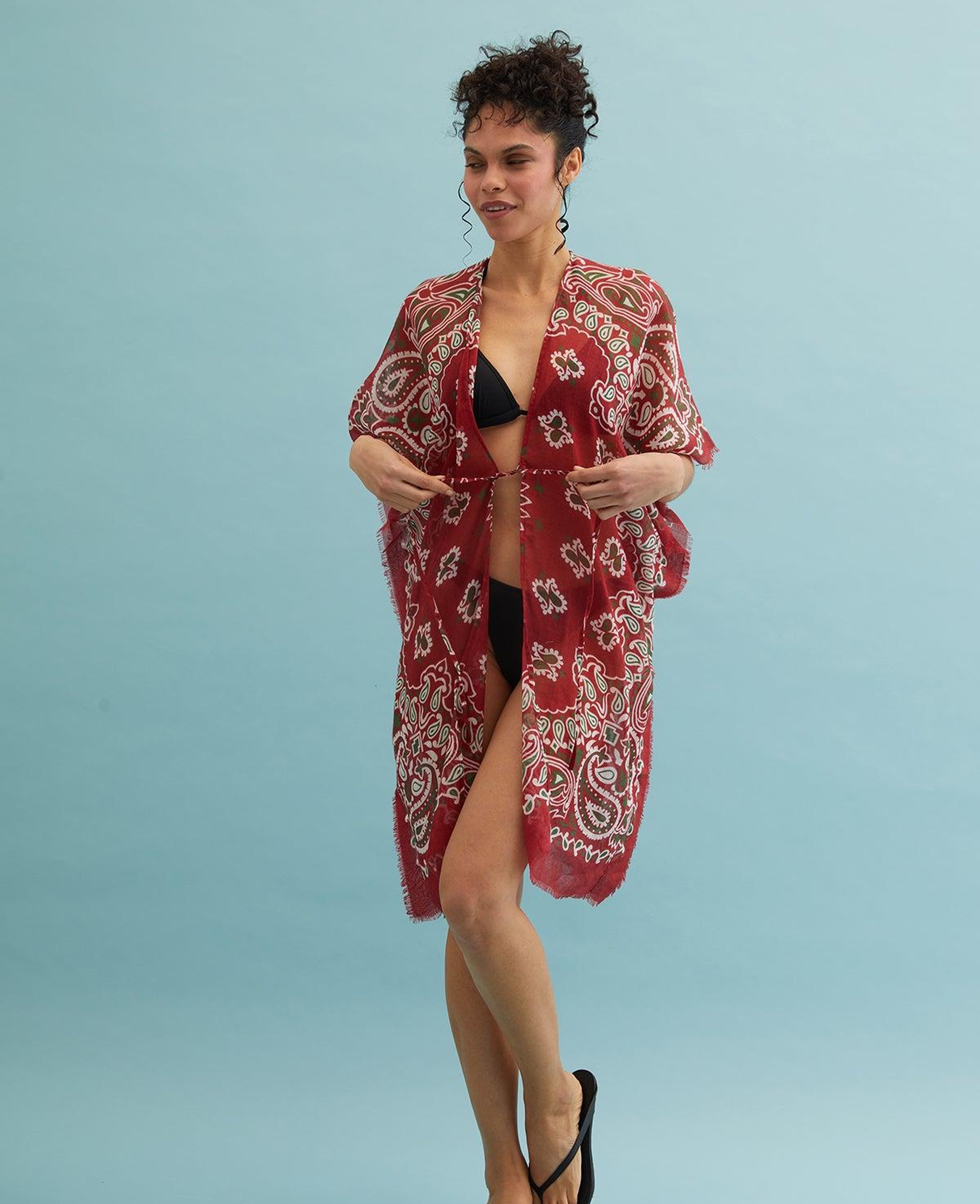 Kırmızı Isla İpekli Baskılı Kimono