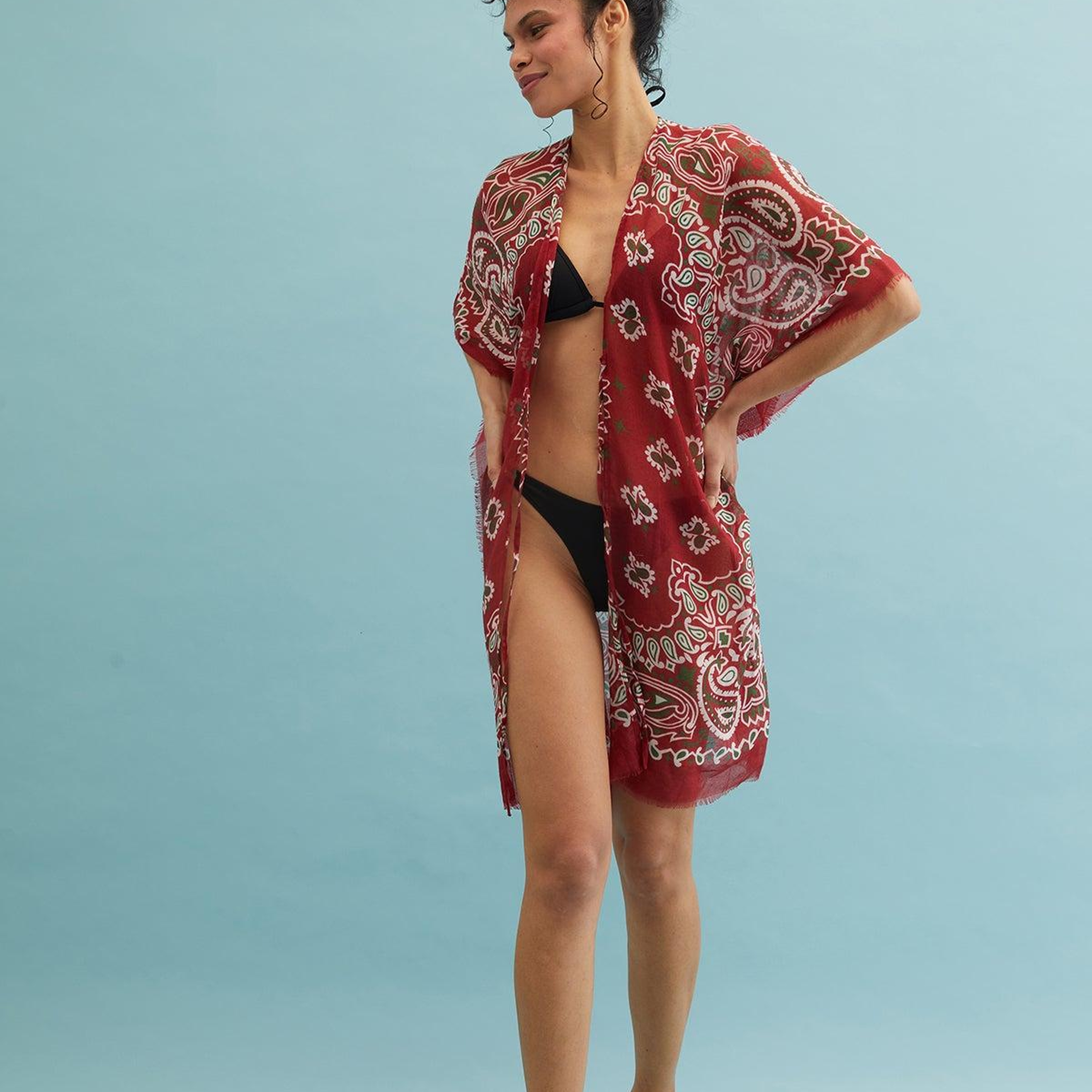 Kırmızı Isla İpekli Baskılı Kimono