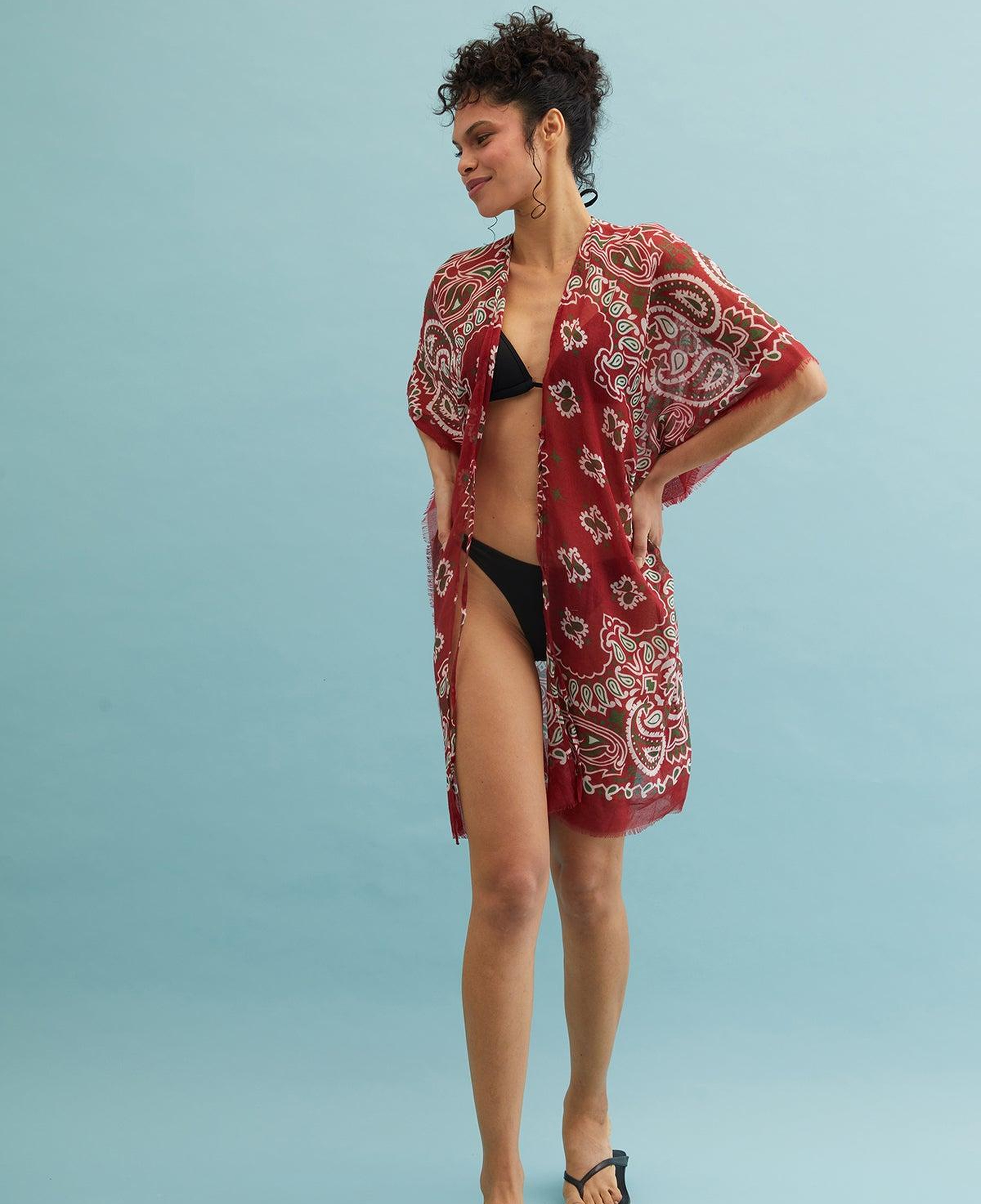 Kırmızı Isla İpekli Baskılı Kimono