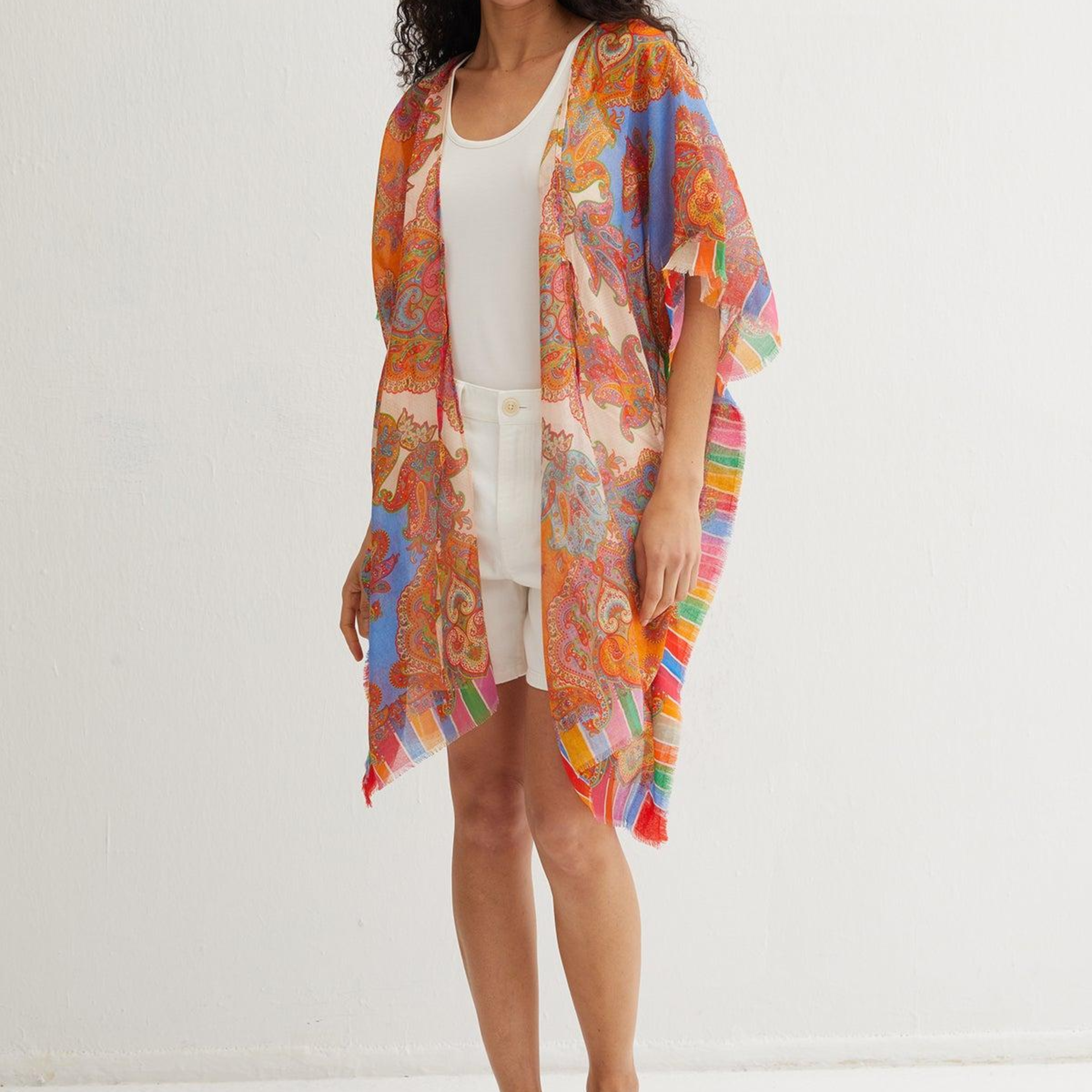 Mavi Isla İpekli Baskılı Kimono