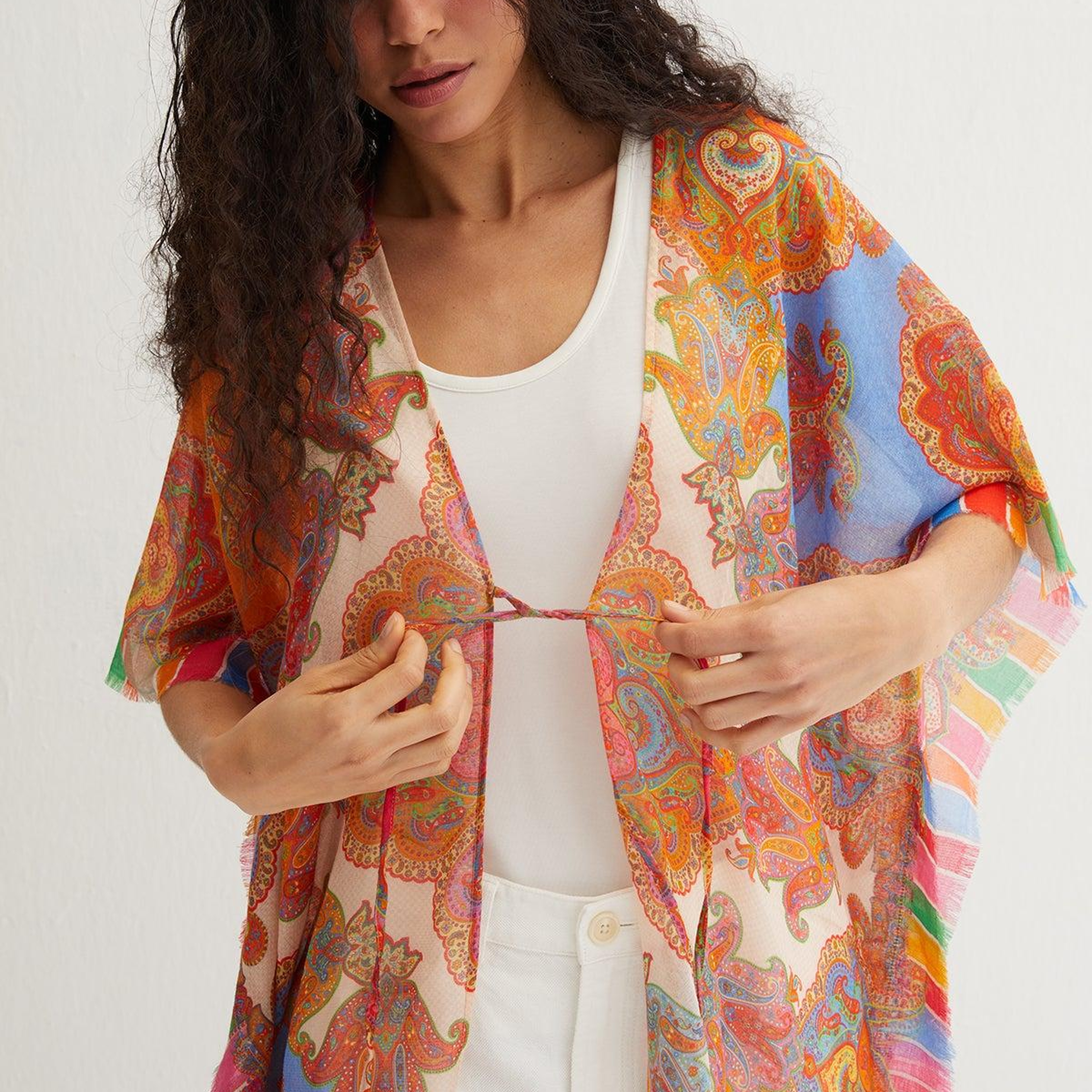Mavi Isla İpekli Baskılı Kimono