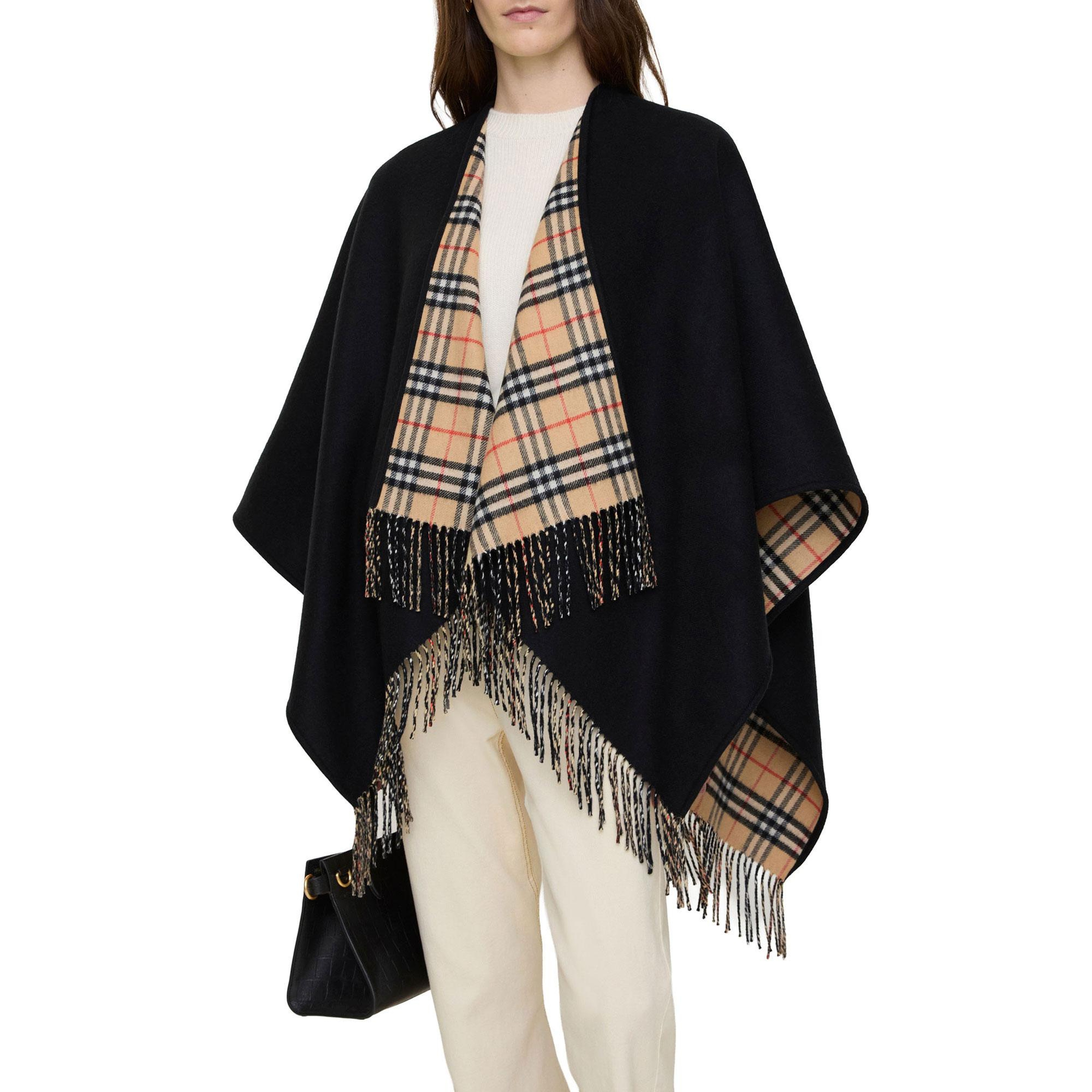 Burberry Reversible Check Wool Kadın Siyah Panço