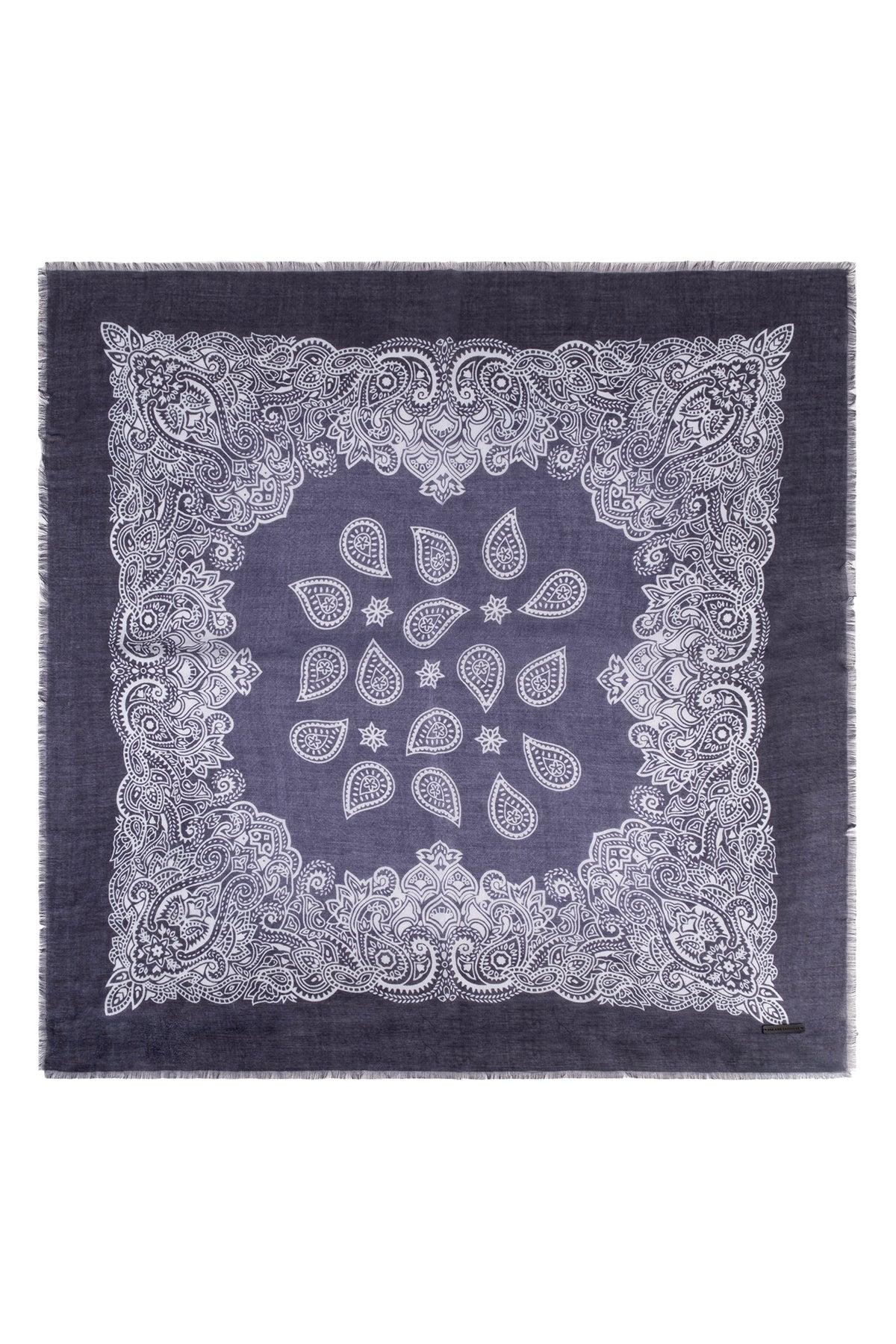 Lacivert Jas İpekli Baskılı Kare Şal 70x70 cm