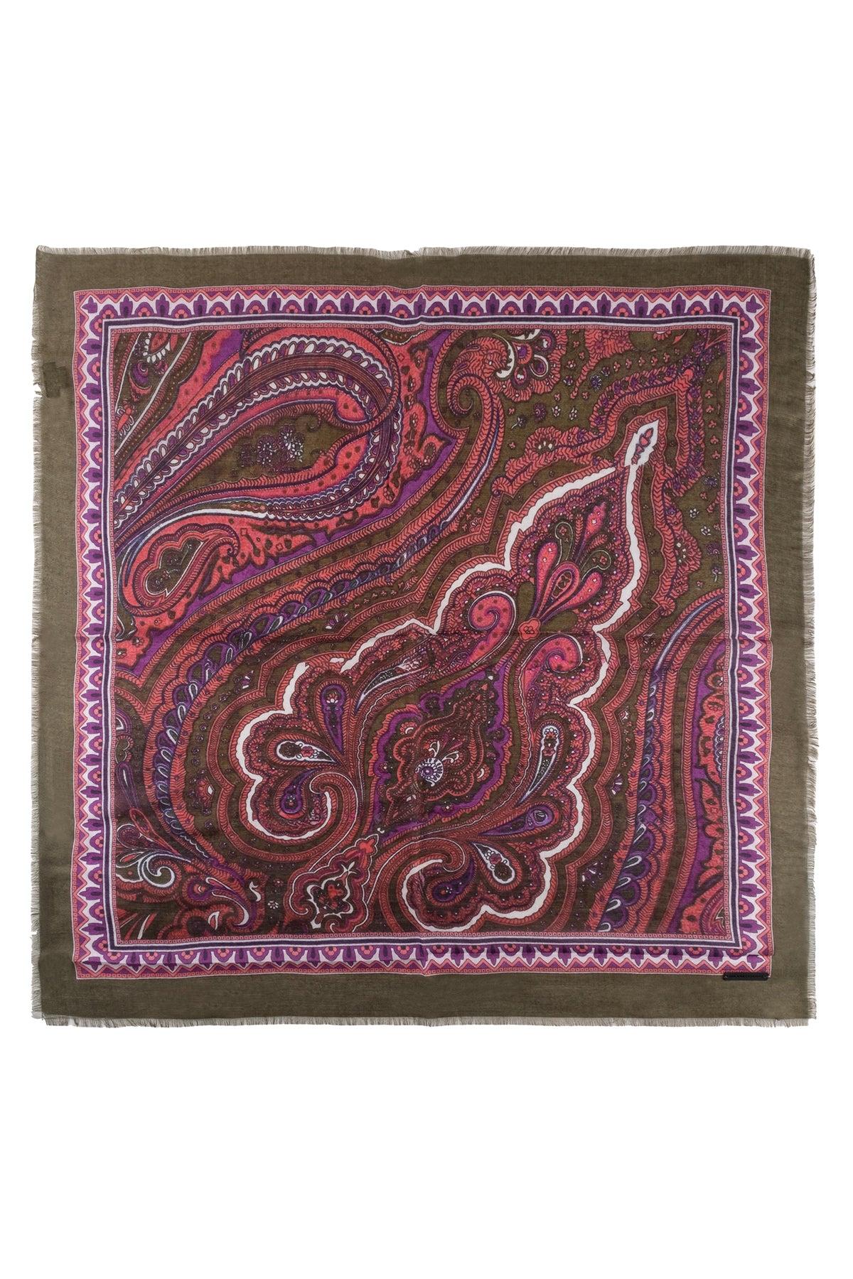 Haki Jas İpekli Baskılı Kare Şal 70x70 cm