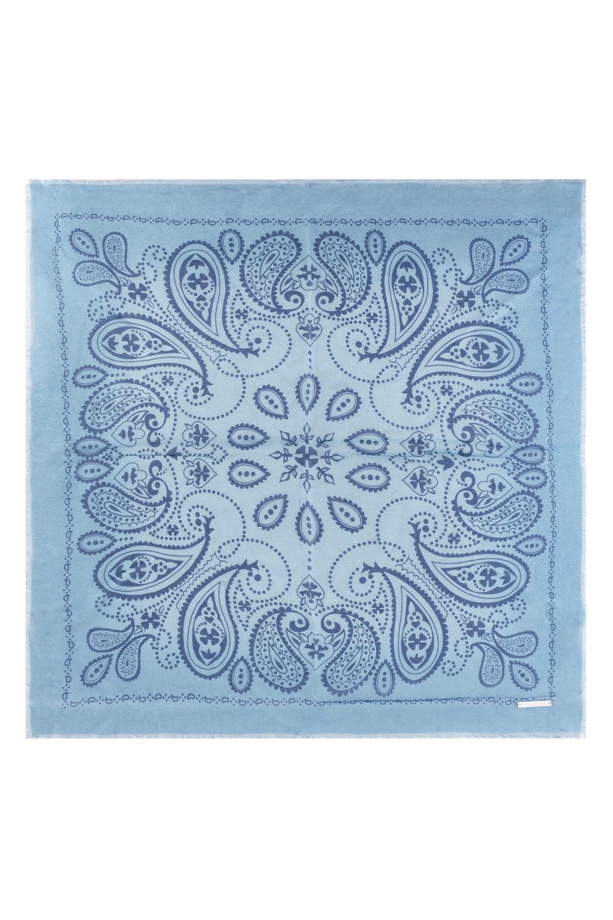 Açık Mavi Jas İpekli Baskılı Kare Şal 70x70 cm