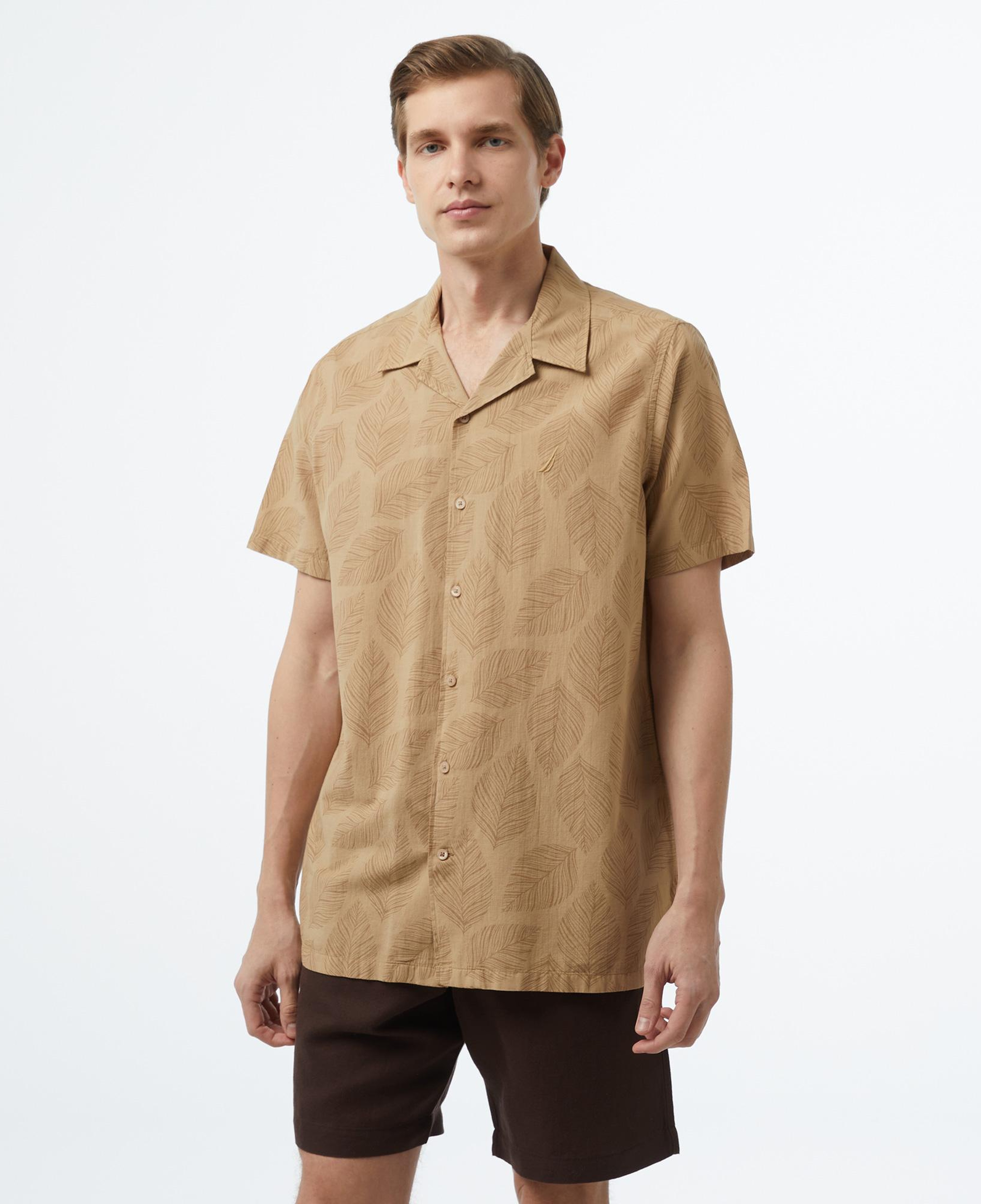 Nautica Erkek Bej Classic Fit Kısa Kollu Desenli Gömlek