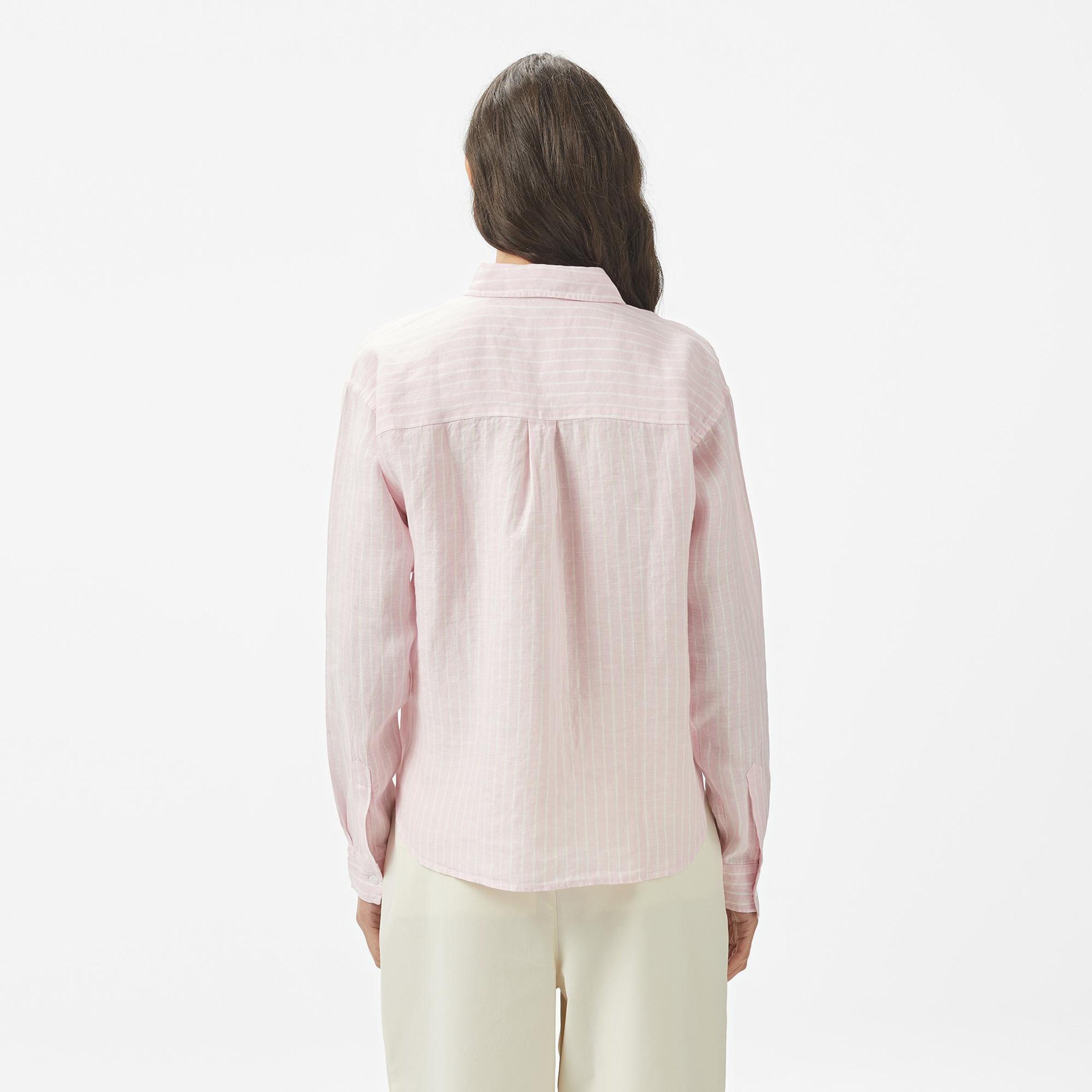 Nautica Kadın Pembe Regular Fit Keten Çizgili Gömlek