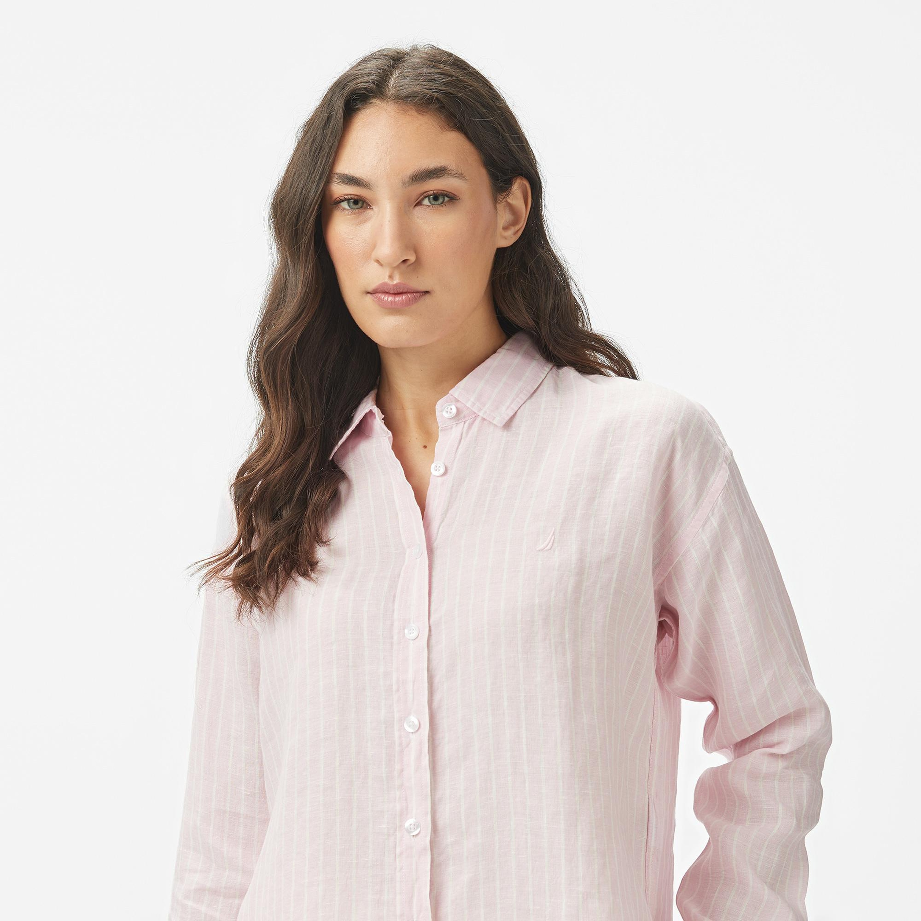 Nautica Kadın Pembe Regular Fit Keten Çizgili Gömlek