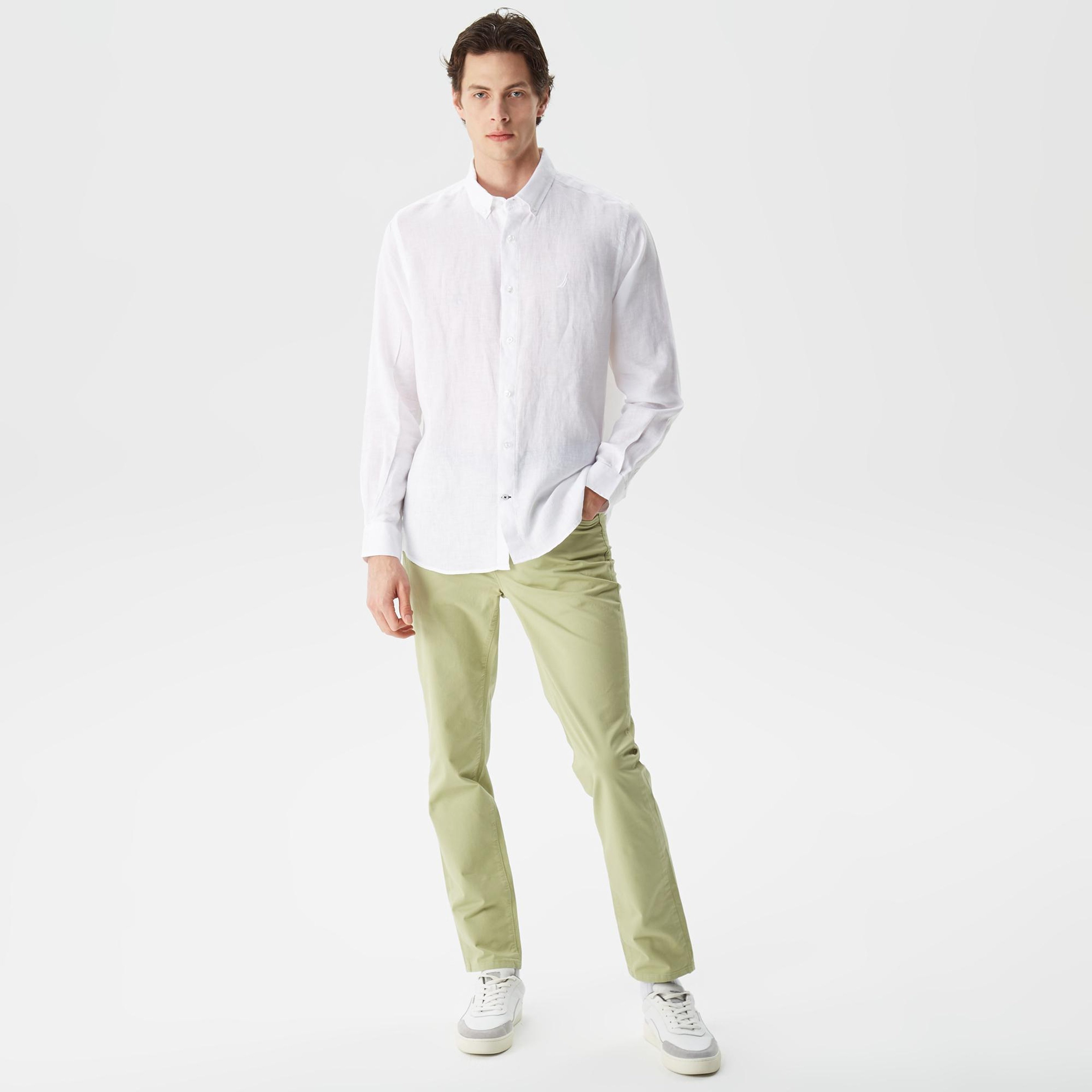 Nautica Erkek Beyaz Classic Fit Uzun Kollu Keten Gömlek