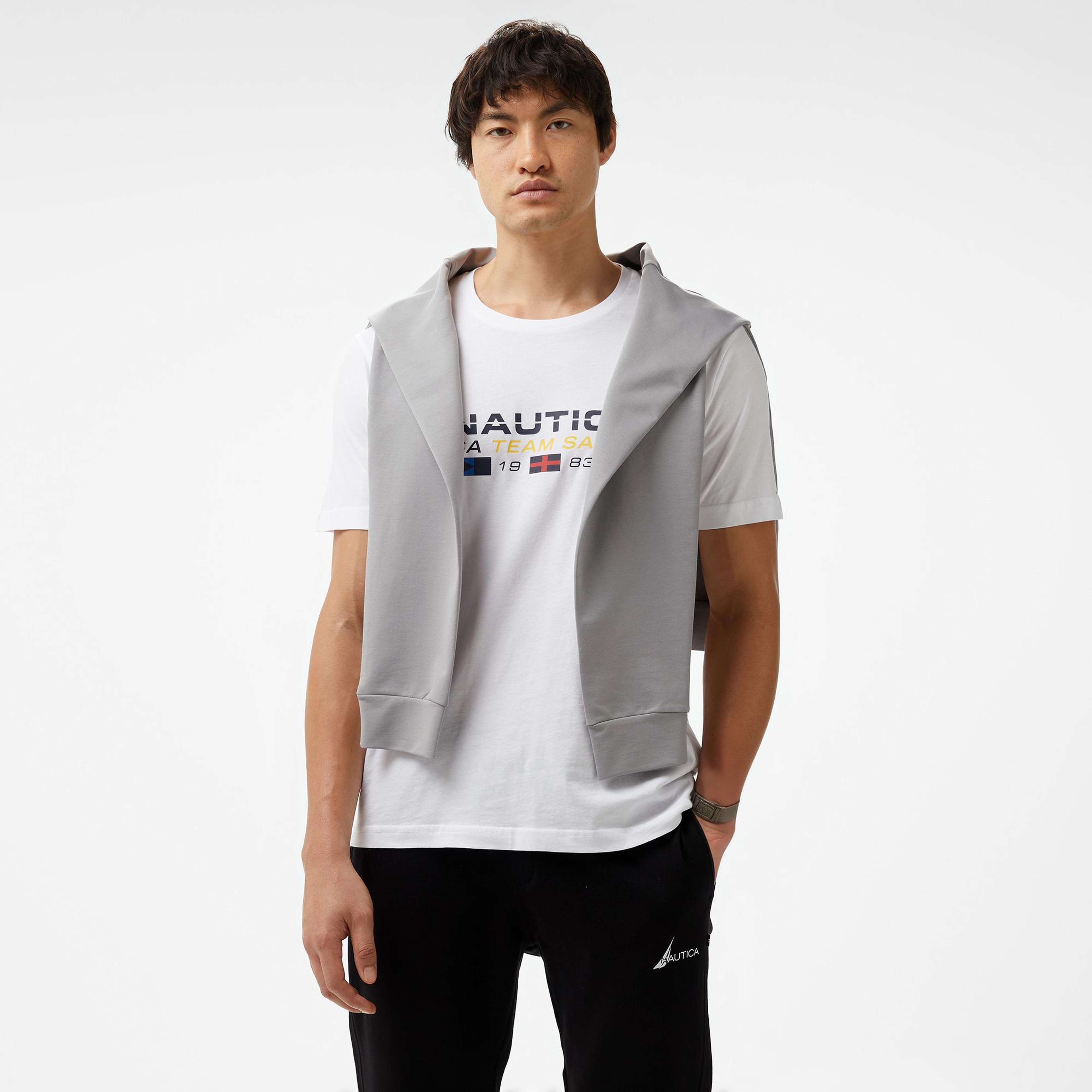 Nautica Erkek Beyaz Standart Fit Kısa Kollu Baskılı T-Shirt
