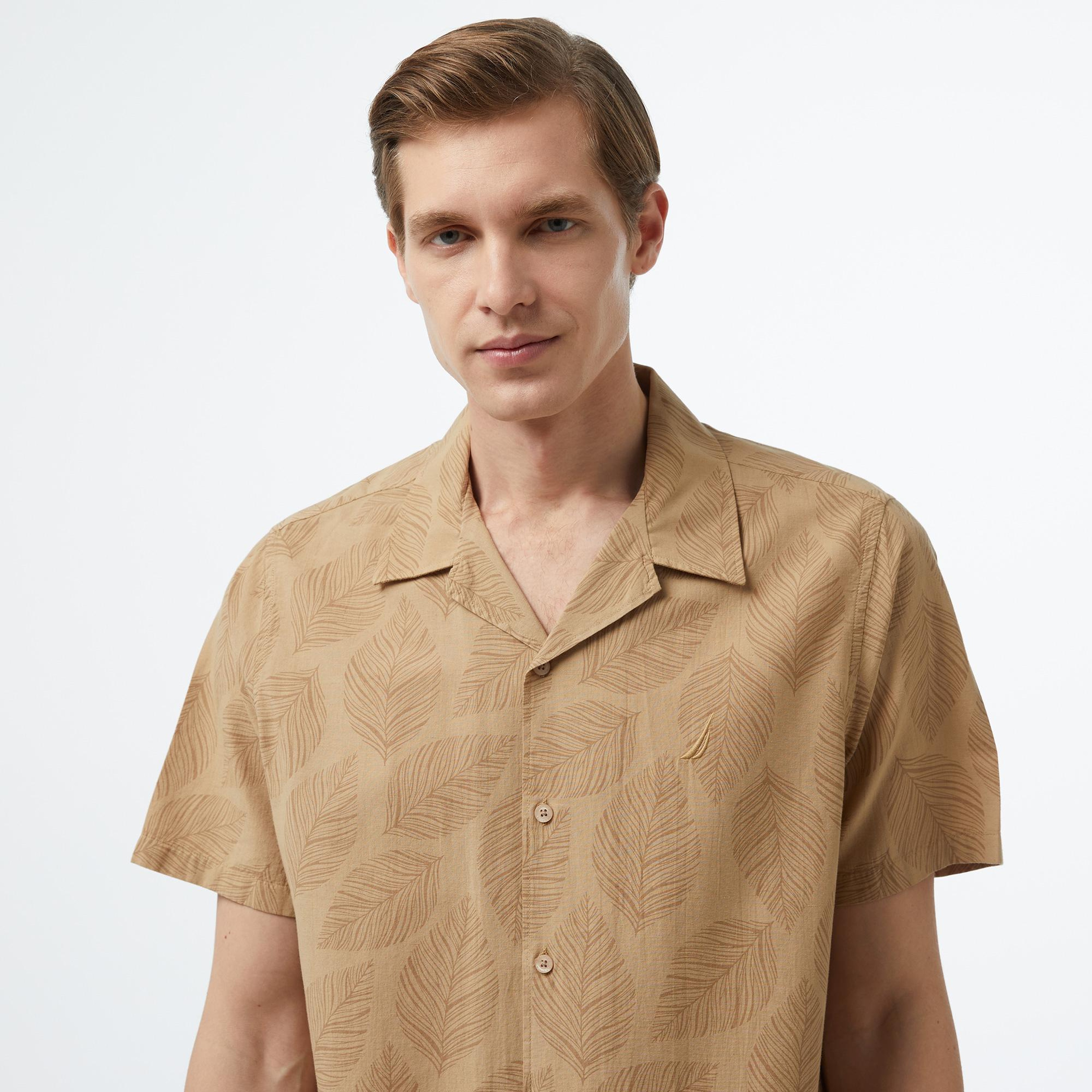 Nautica Erkek Bej Classic Fit Kısa Kollu Desenli Gömlek