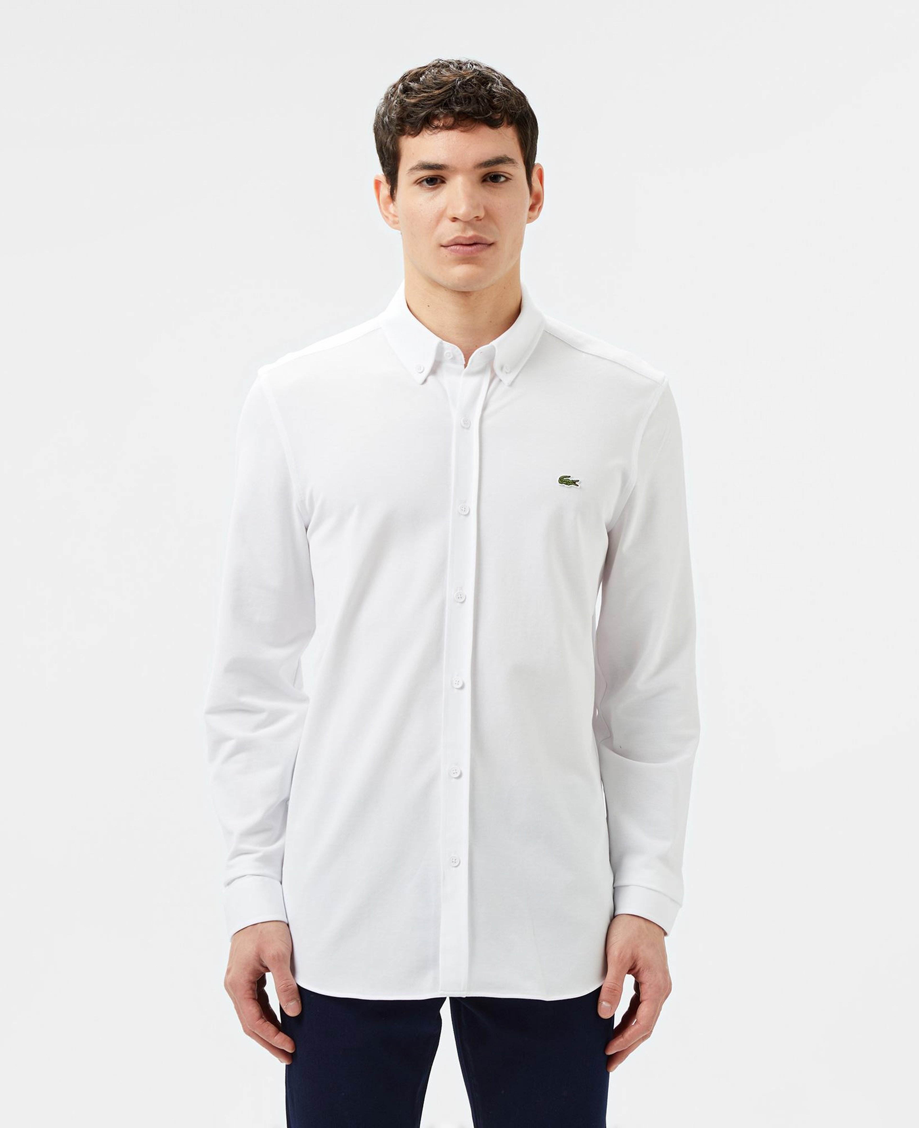 Erkek Slim Fit Düğmeli Yaka Beyaz Gömlek