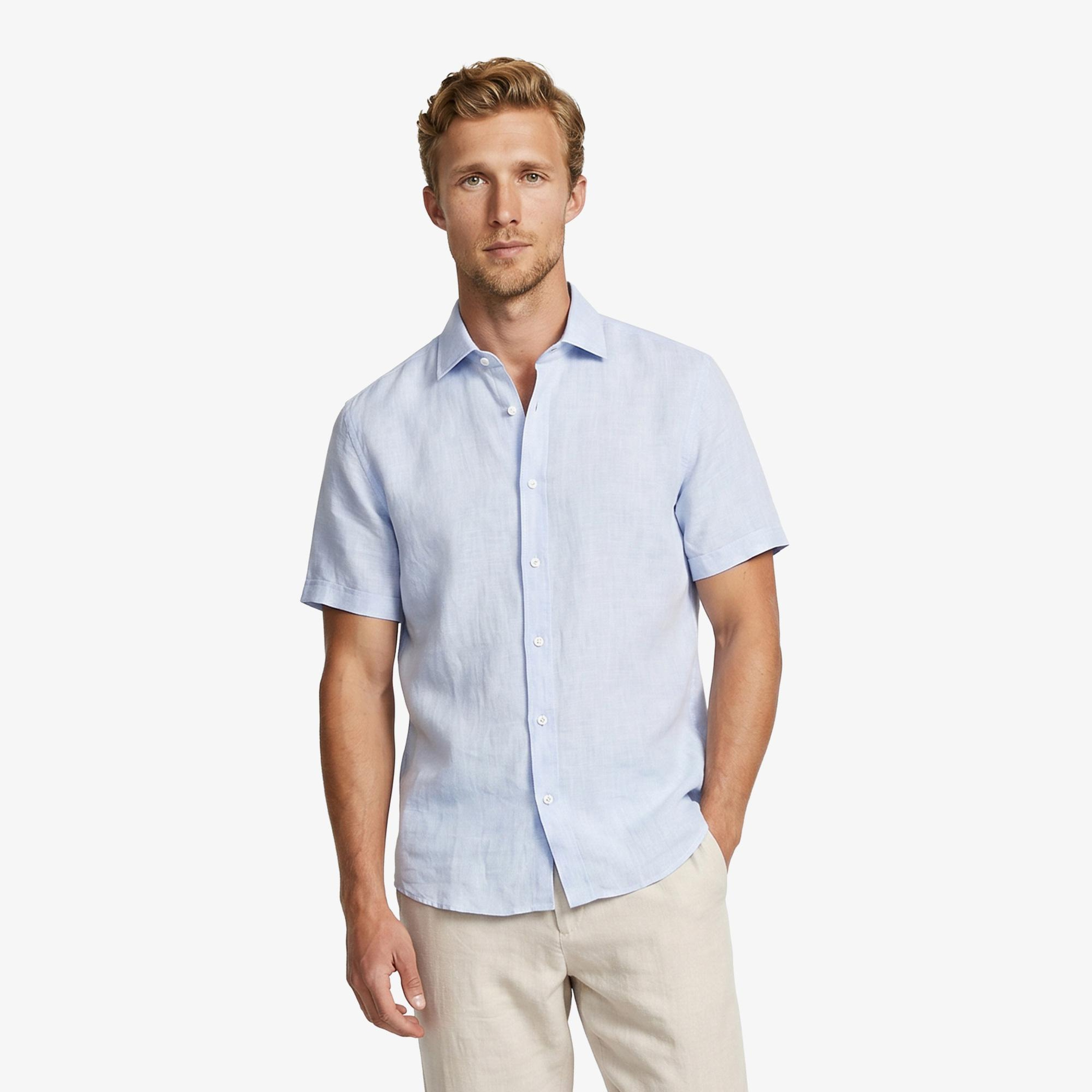 Nautica Erkek Mavi Regular Fit Kısa Kollu Keten Gömlek