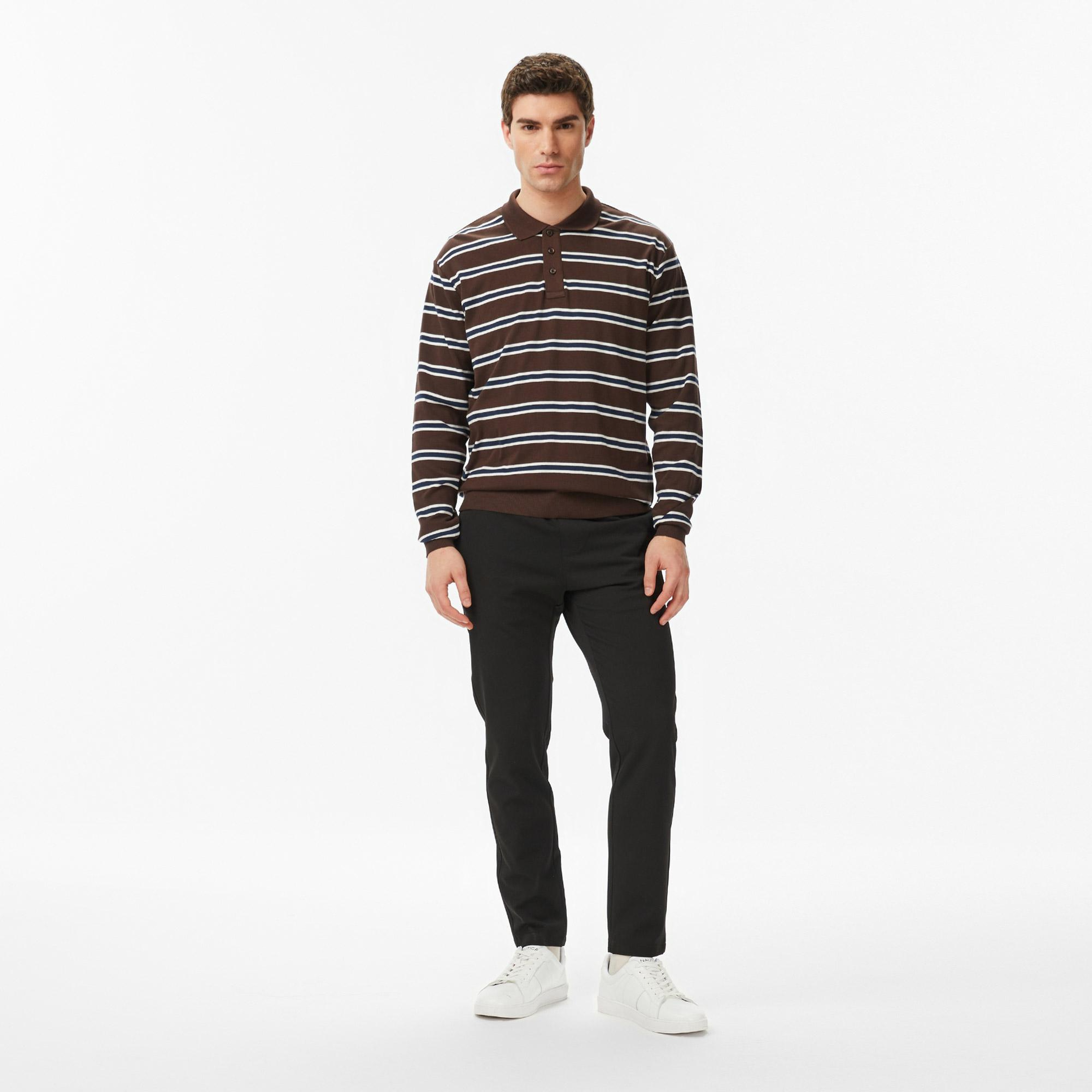 Nautica Erkek Kahverengi Regular Fit Uzun Kollu Çizgili Polo Yaka T-Shirt