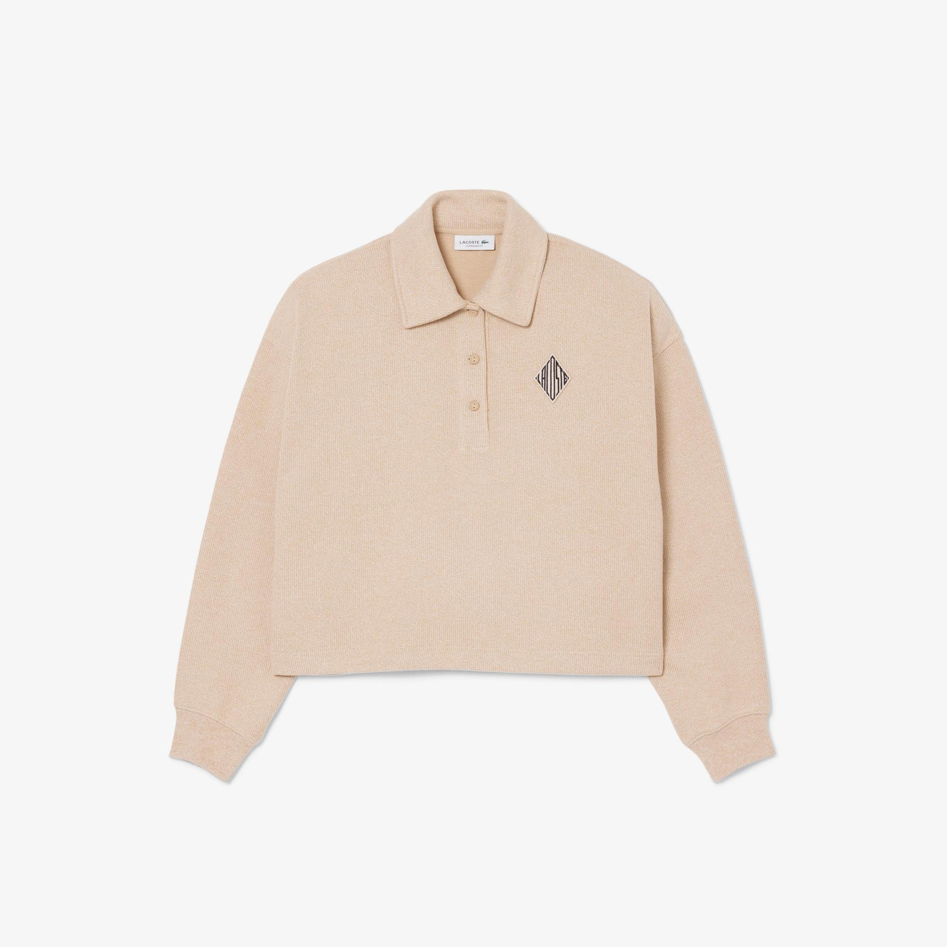 Kadın Oversize Fit Polo Yaka Bej Sweatshirt