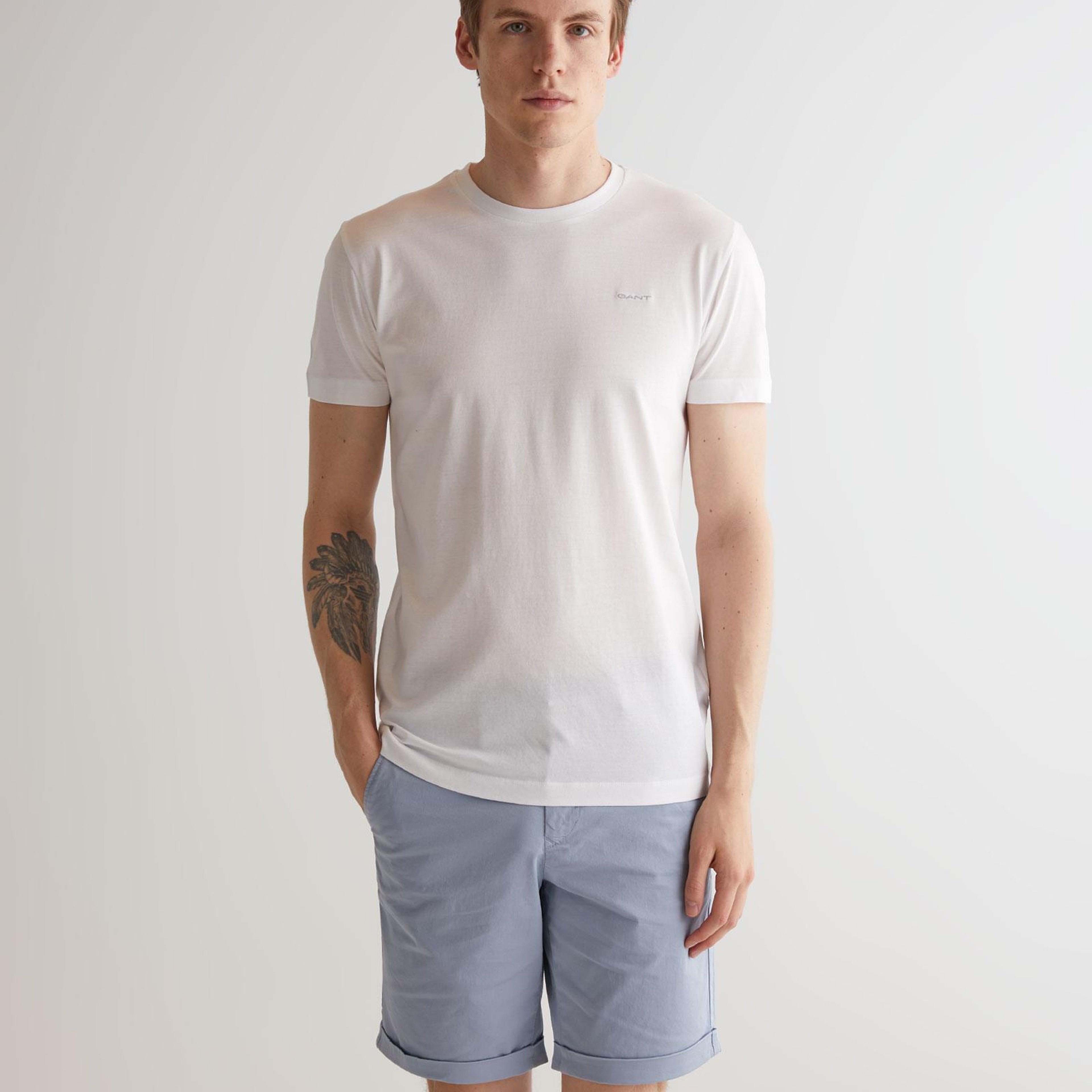 GANT Erkek Beyaz Slim Fit Bisiklet Yaka Logolu T-shirt