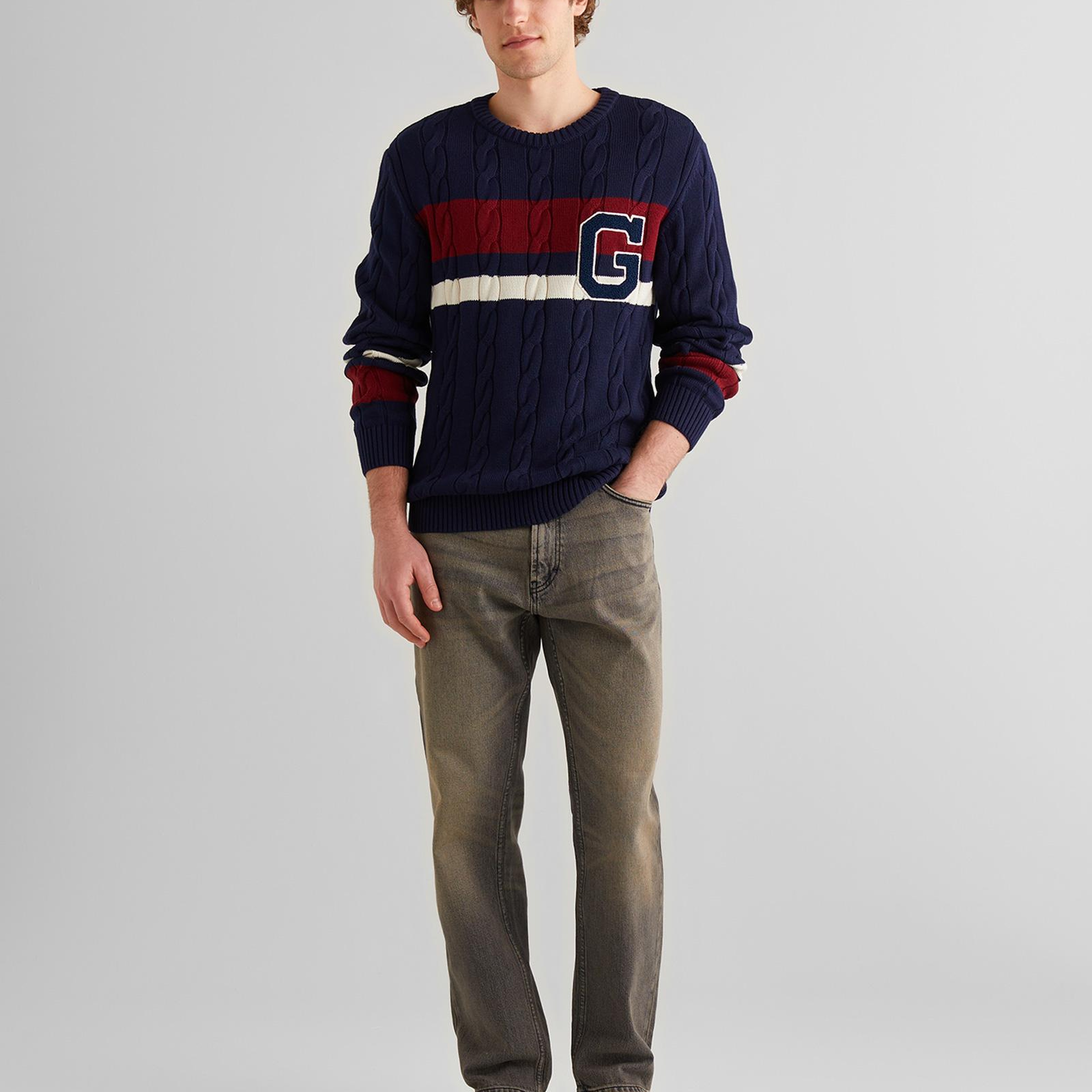 GANT Erkek Lacivert Relaxed Fit Bisiklet Yaka Renk Bloklu Örgü Kazak