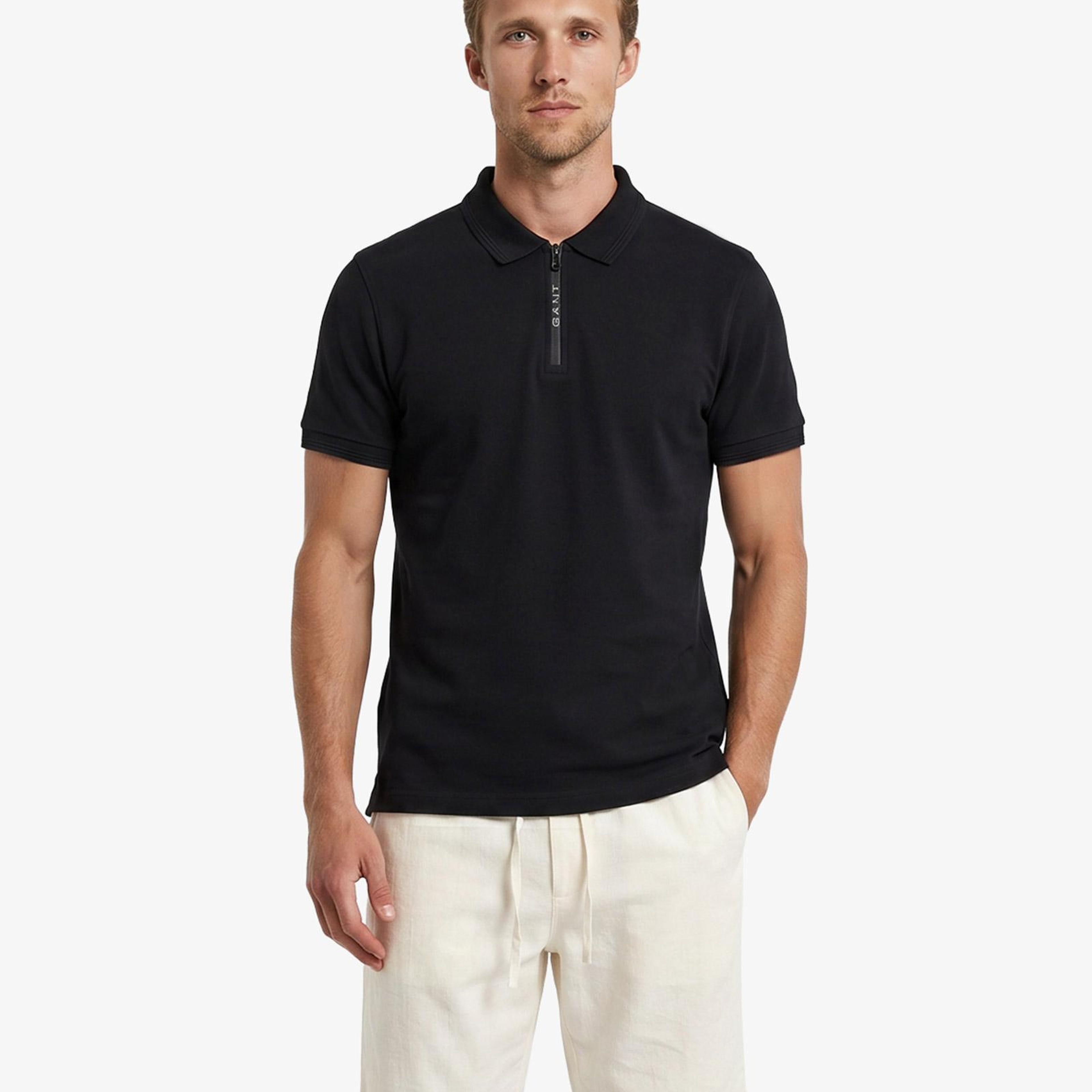 GANT Erkek Siyah Regular Fit Yarım Fermuarlı Polo Yaka T-Shirt