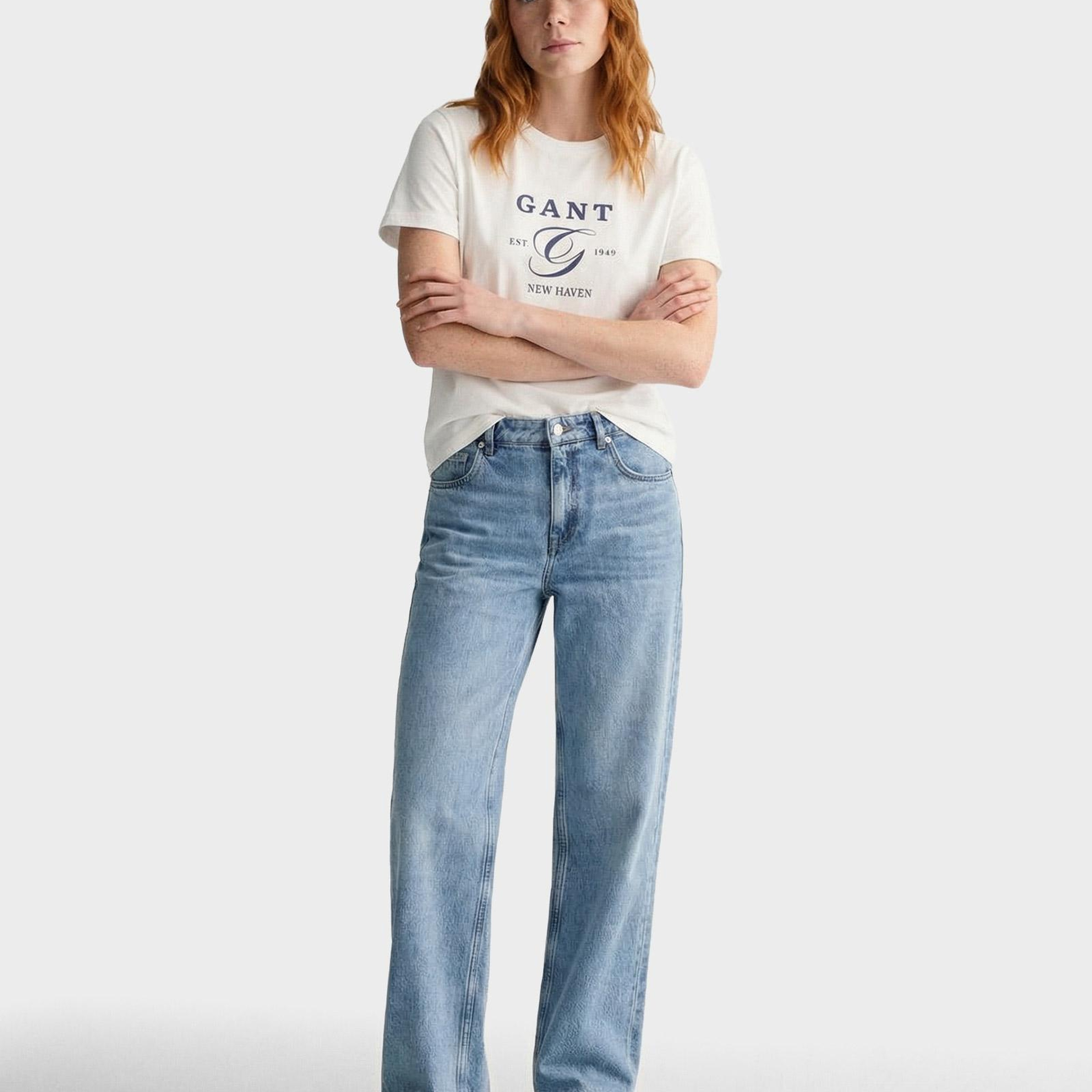 GANT Kadın Beyaz Regular Fit Bisiklet Yaka Logolu T-Shirt