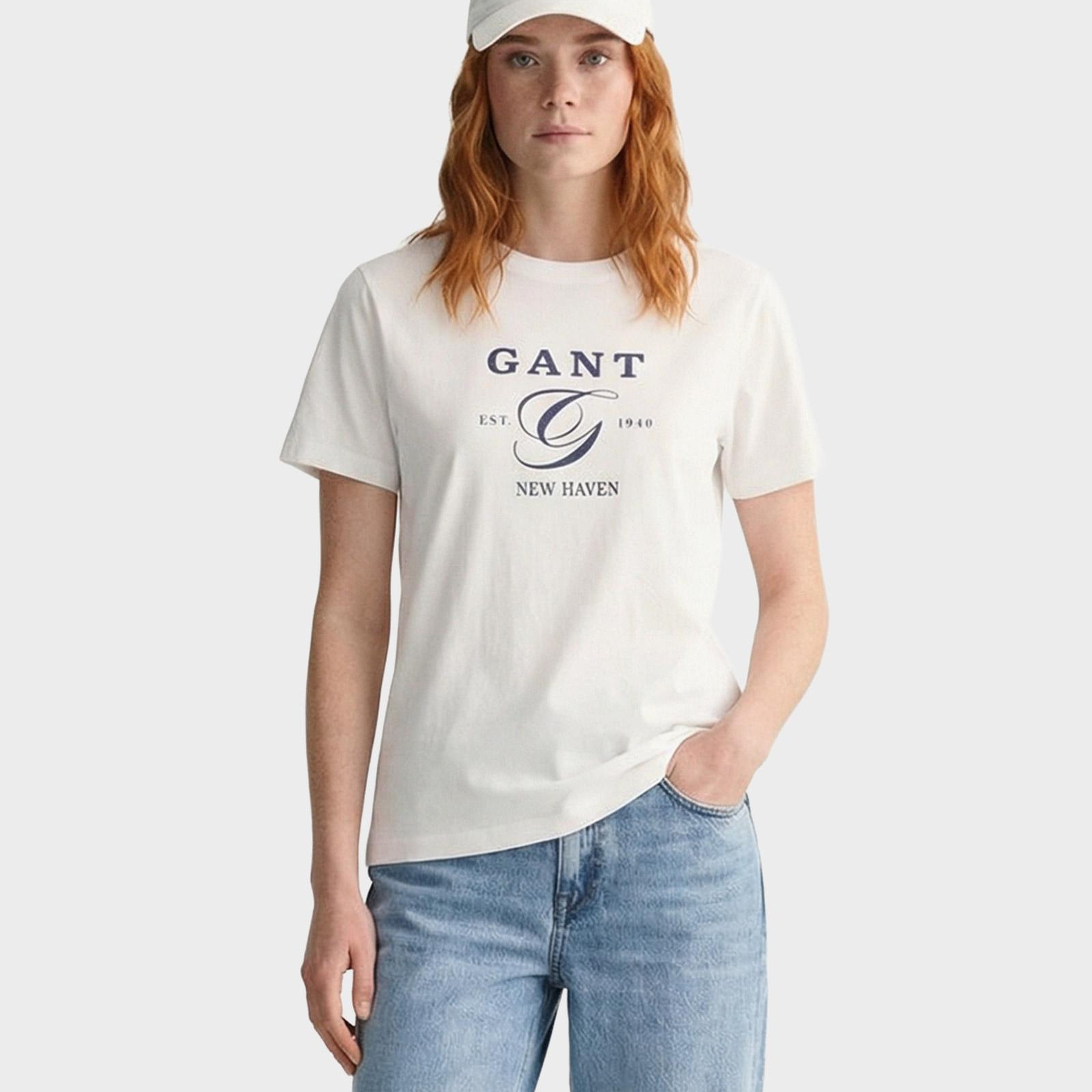 GANT Kadın Beyaz Regular Fit Bisiklet Yaka Logolu T-Shirt