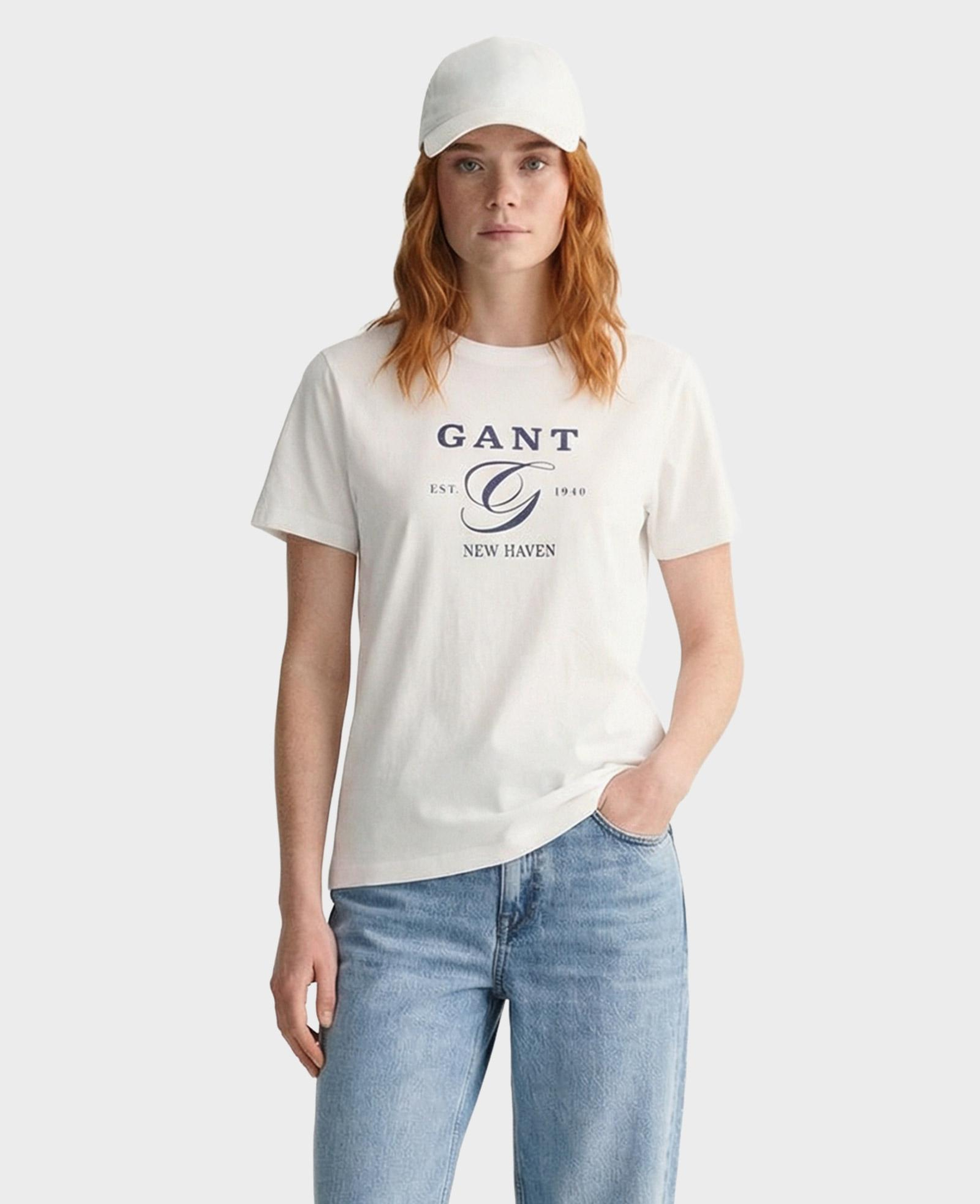 GANT Kadın Beyaz Regular Fit Bisiklet Yaka Logolu T-Shirt