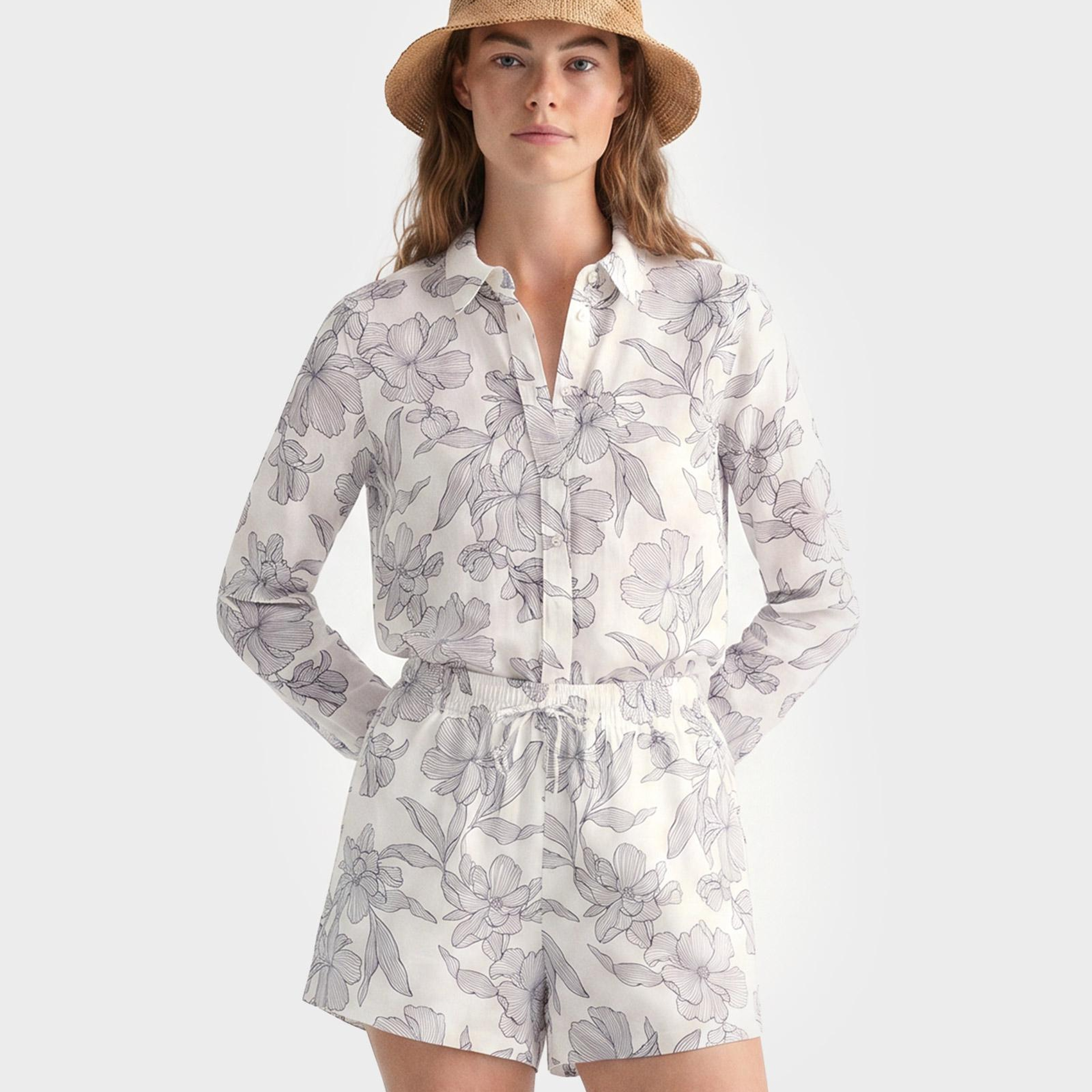 GANT Kadın Beyaz Regular Fit Çiçek Desenli Gömlek