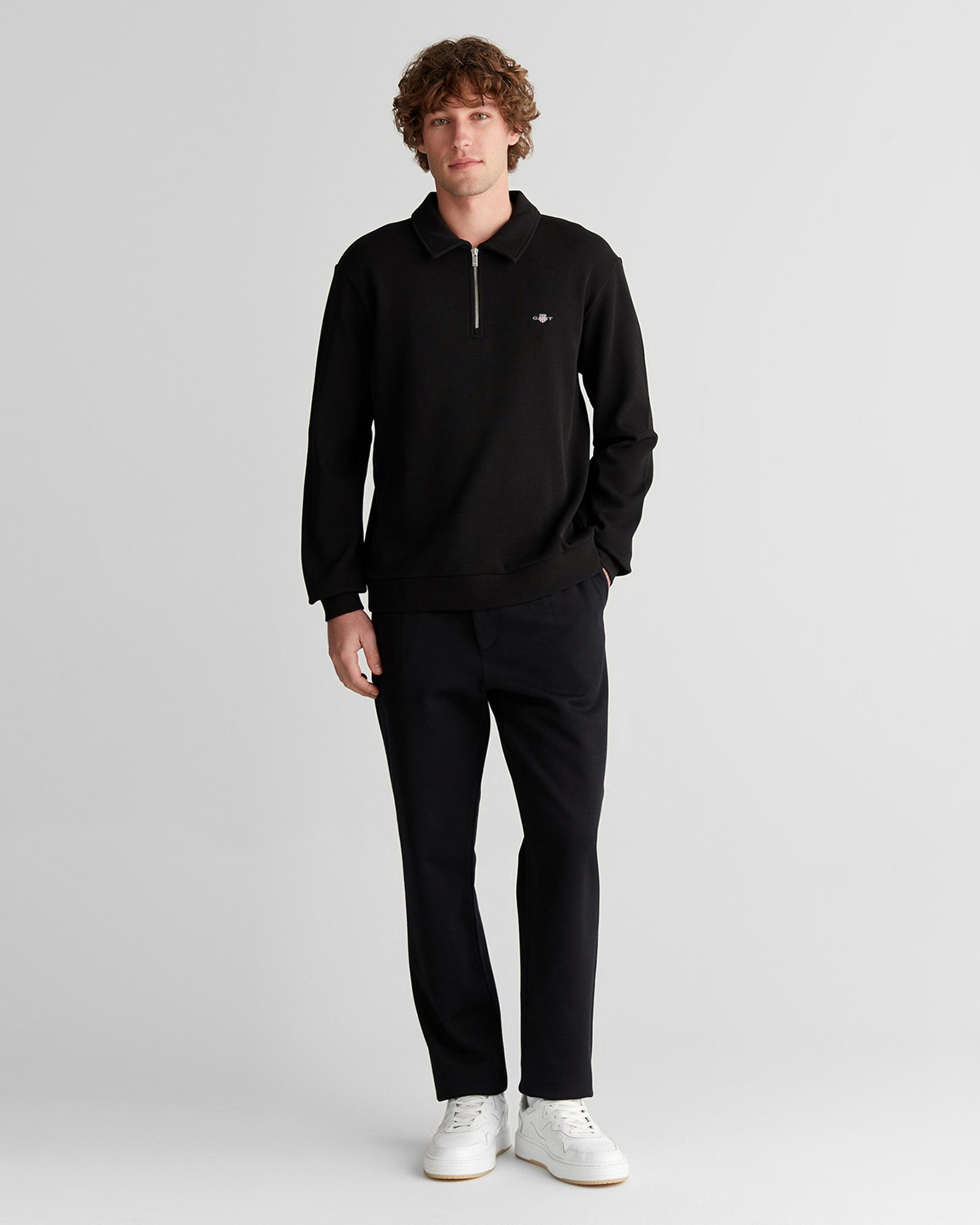 GANT Erkek Siyah Regular Fit Yarım Fermuarlı Logolu Sweatshirt