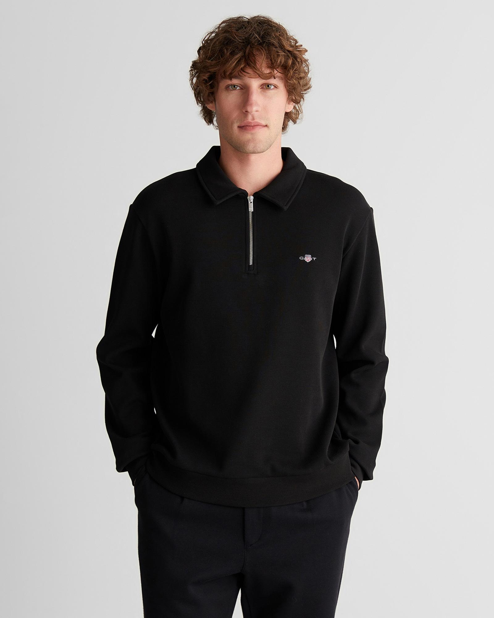 GANT Erkek Siyah Regular Fit Yarım Fermuarlı Logolu Sweatshirt