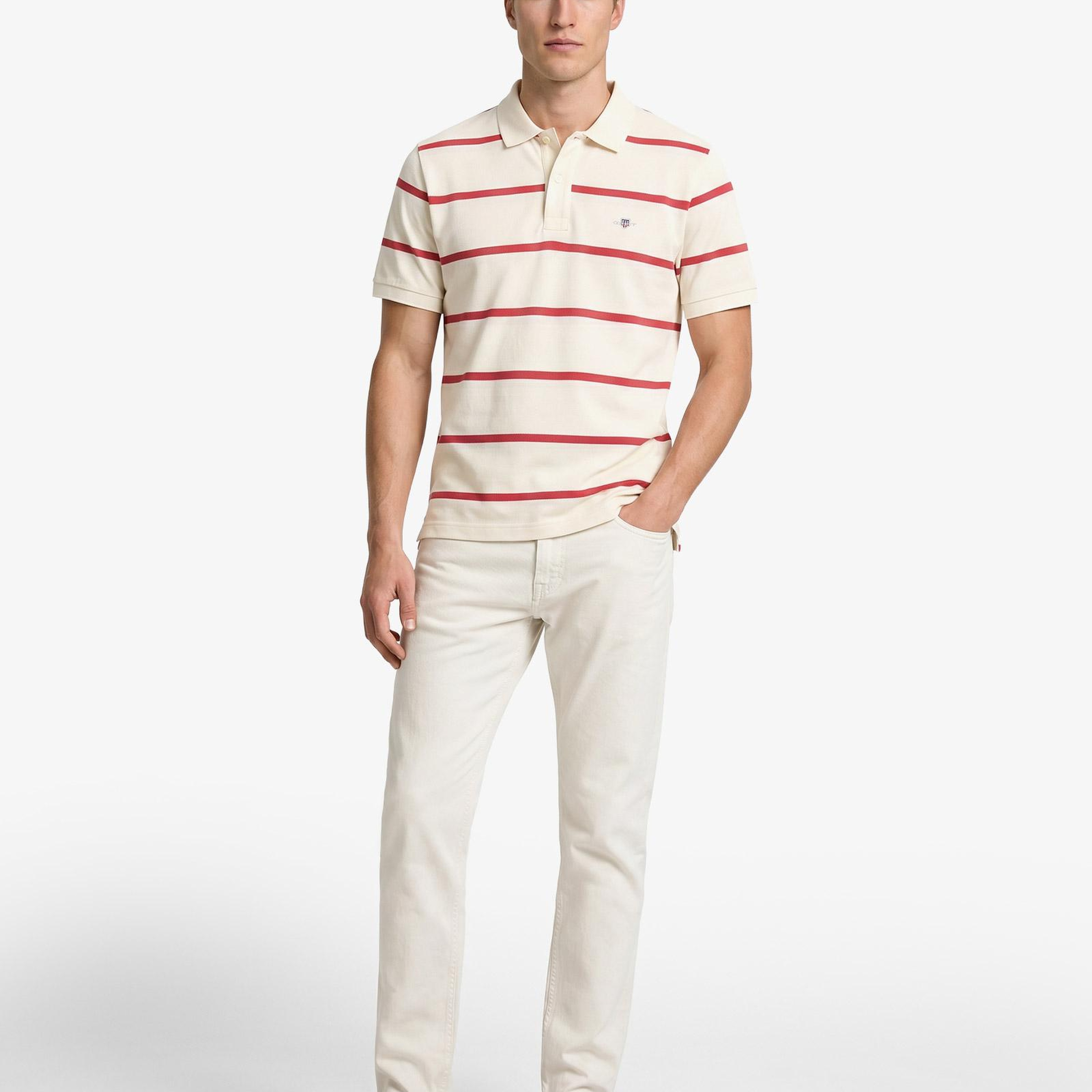 GANT Erkek Krem Regular Fit Çizgili Logolu Polo Yaka T-Shirt