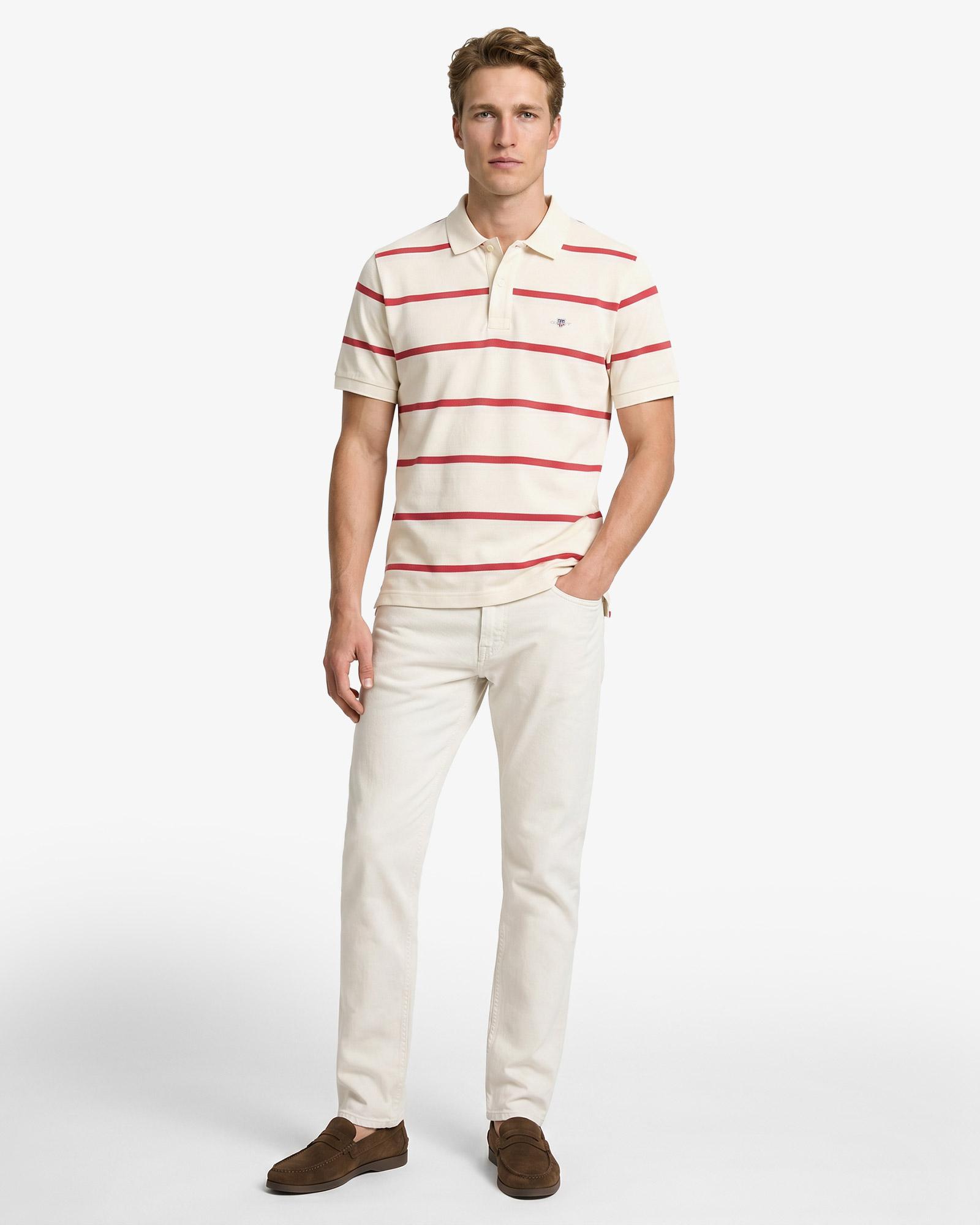 GANT Erkek Krem Regular Fit Çizgili Logolu Polo Yaka T-Shirt