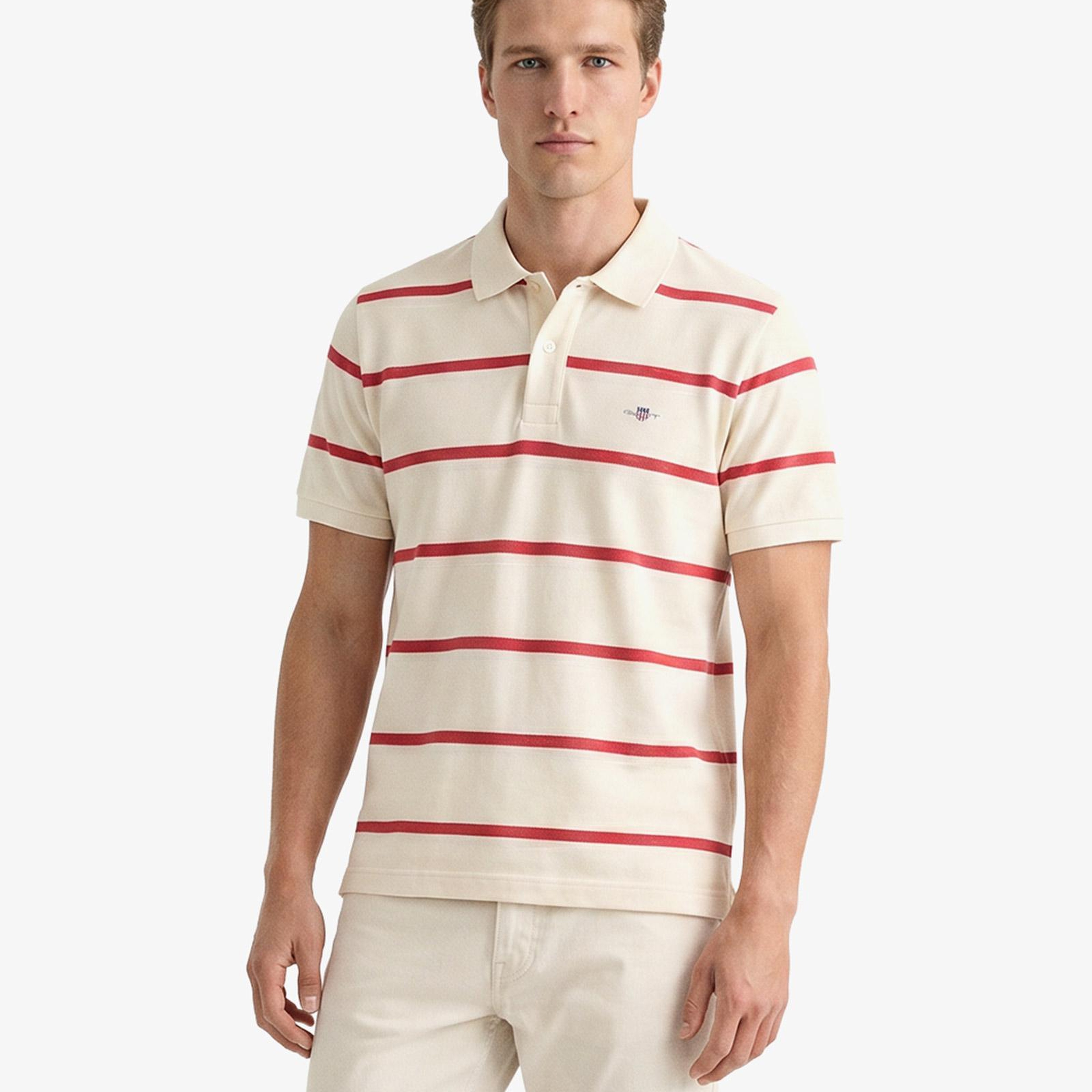 GANT Erkek Krem Regular Fit Çizgili Logolu Polo Yaka T-Shirt