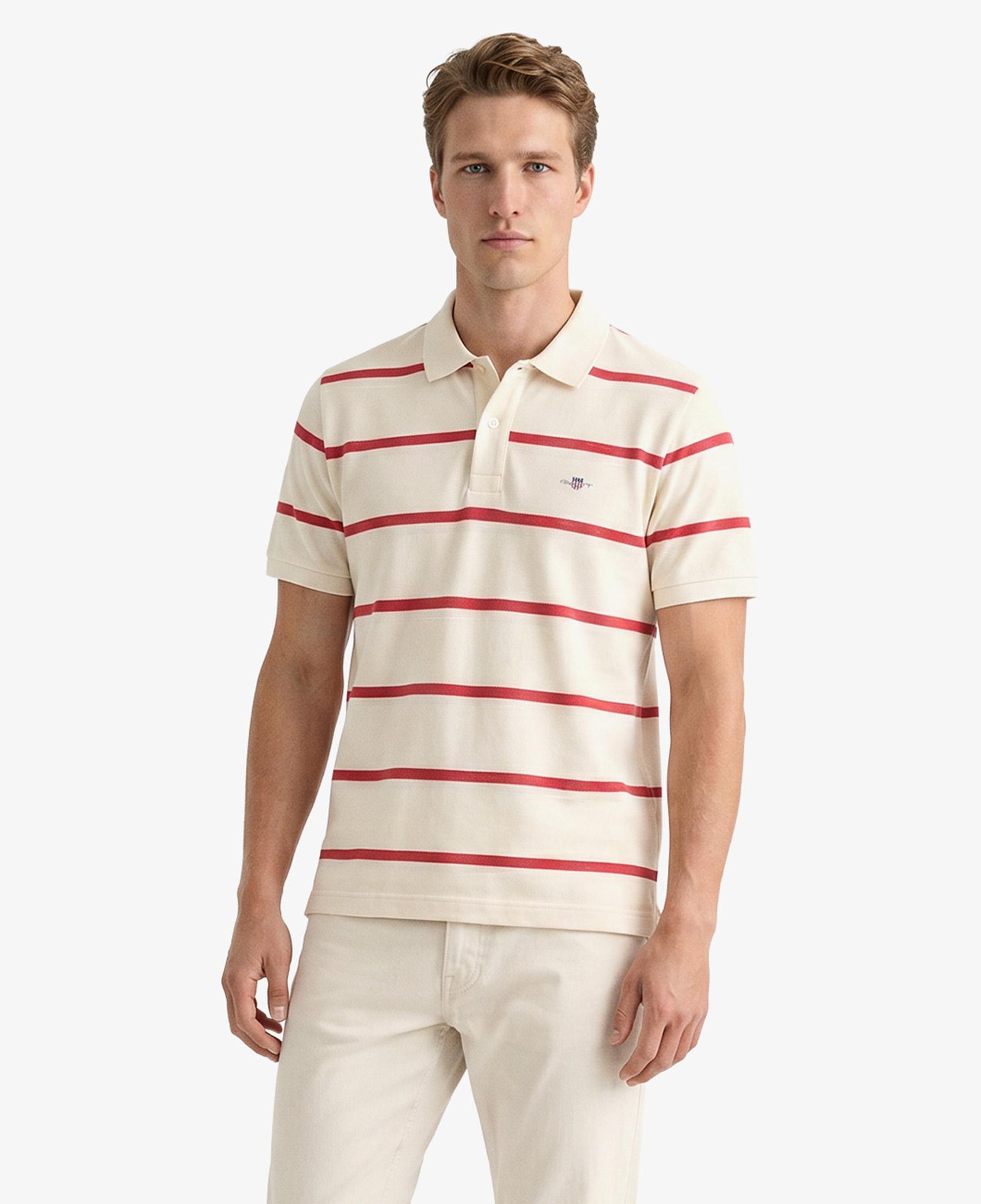 GANT Erkek Krem Regular Fit Çizgili Logolu Polo Yaka T-Shirt