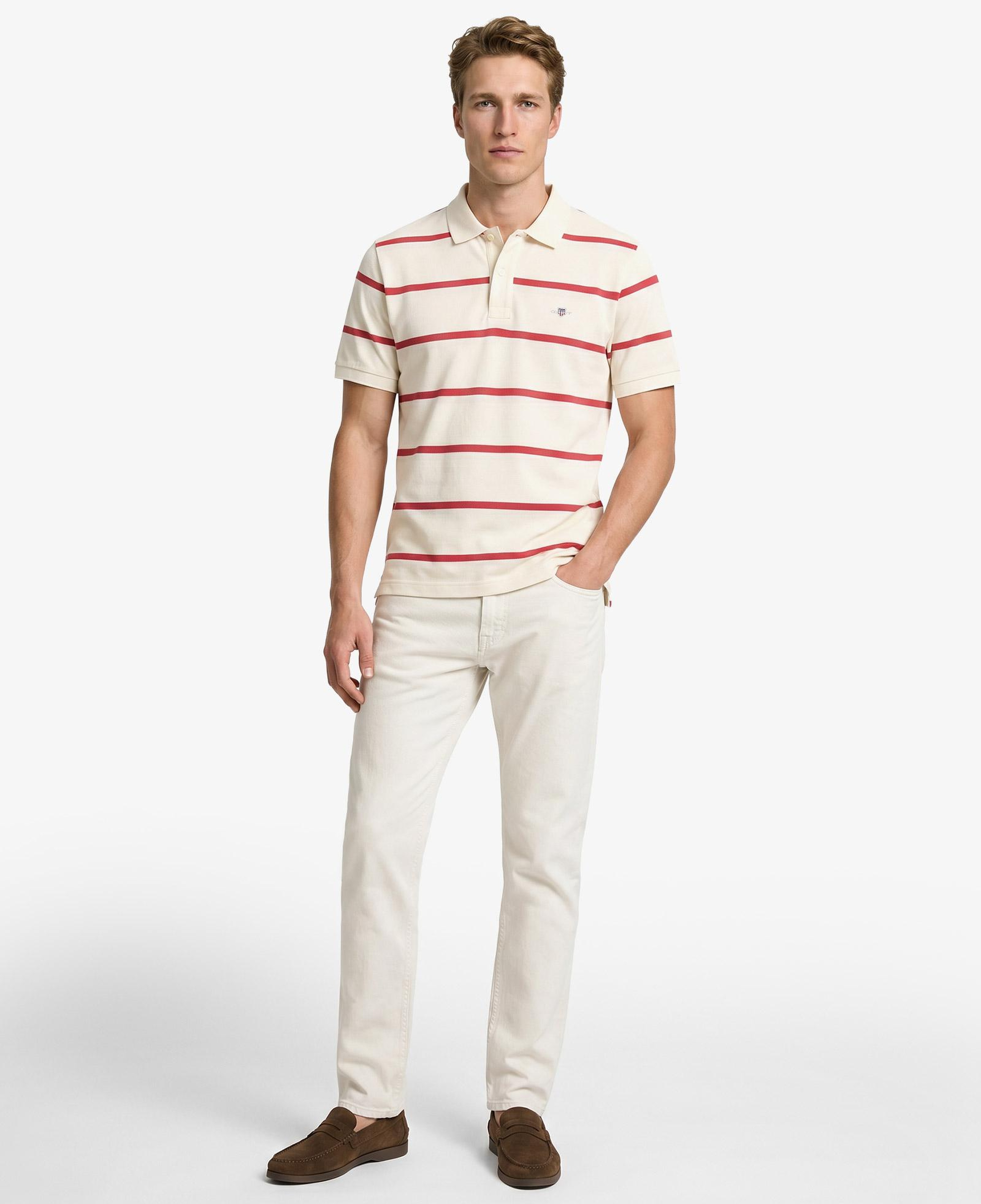GANT Erkek Krem Regular Fit Çizgili Logolu Polo Yaka T-Shirt
