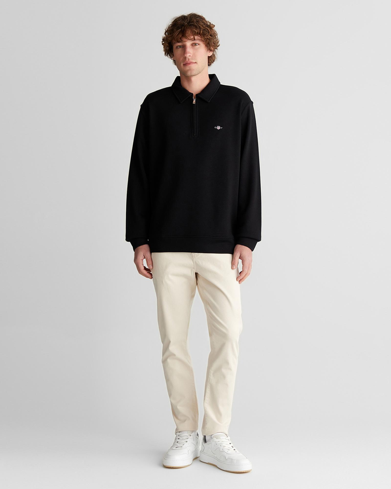 GANT Erkek Siyah Relaxed Fit Yarım Fermuarlı Logolu Sweatshirt