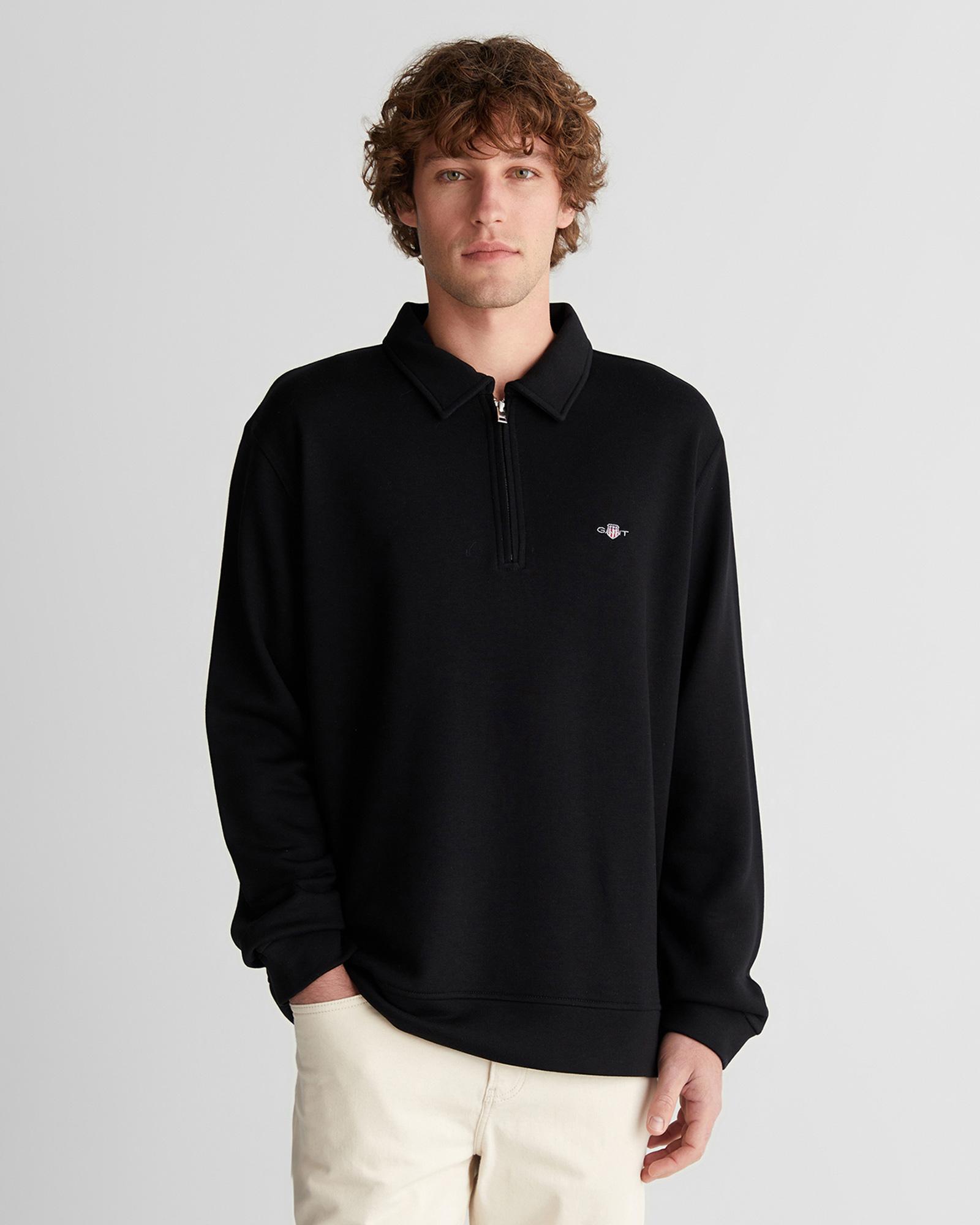 GANT Erkek Siyah Relaxed Fit Yarım Fermuarlı Logolu Sweatshirt