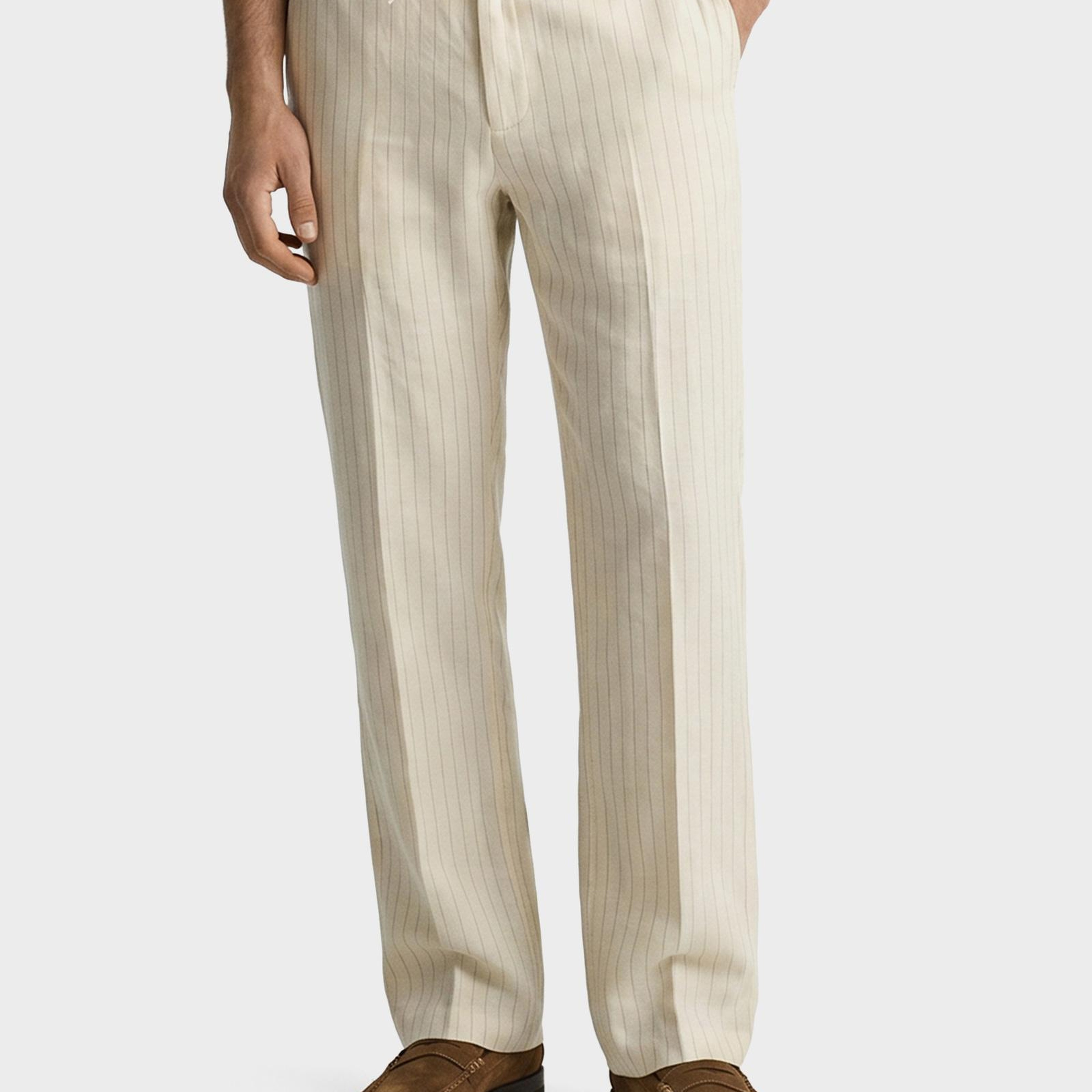 GANT Erkek Krem Regular Fit Çizgili Pantolon