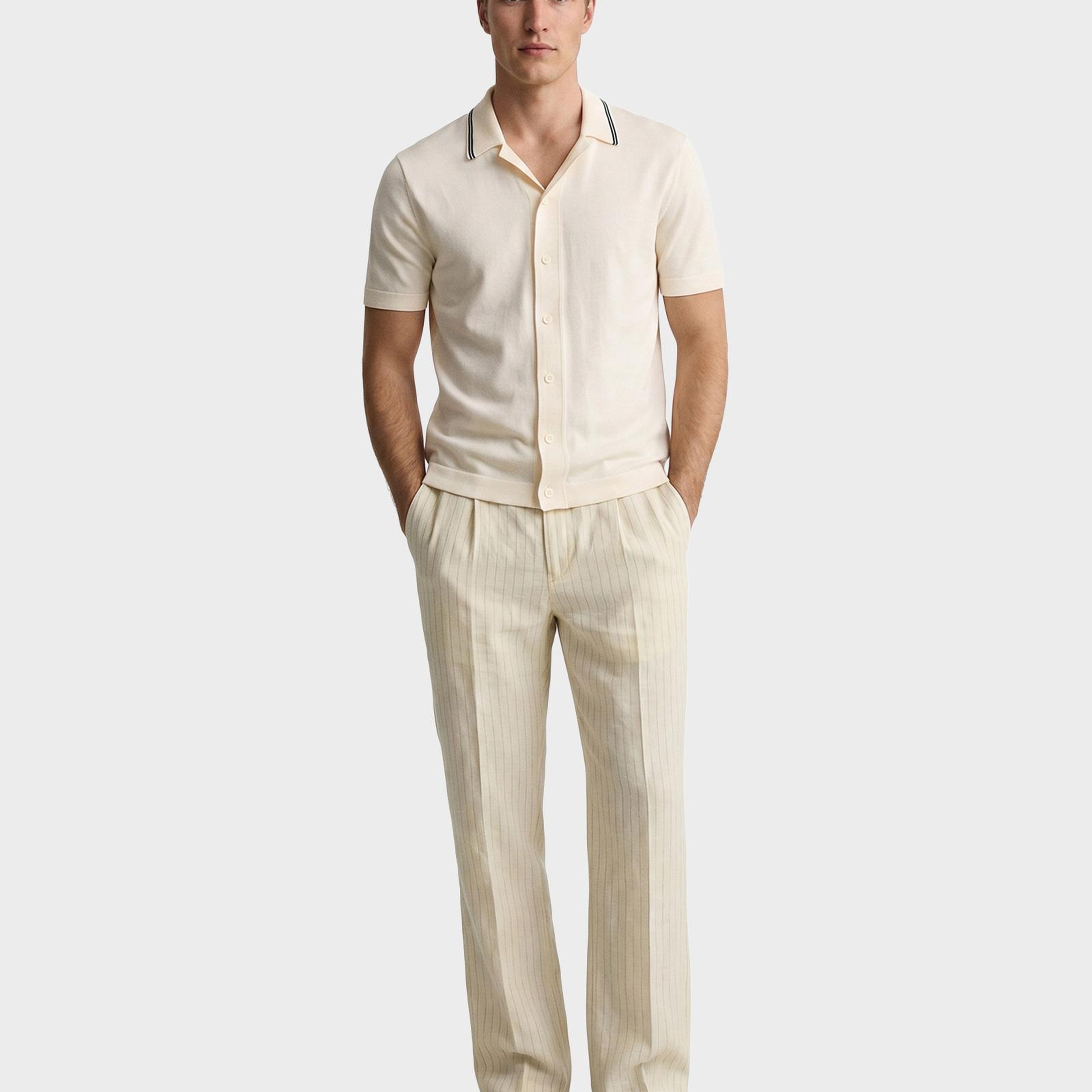 GANT Erkek Krem Regular Fit Çizgili Pantolon