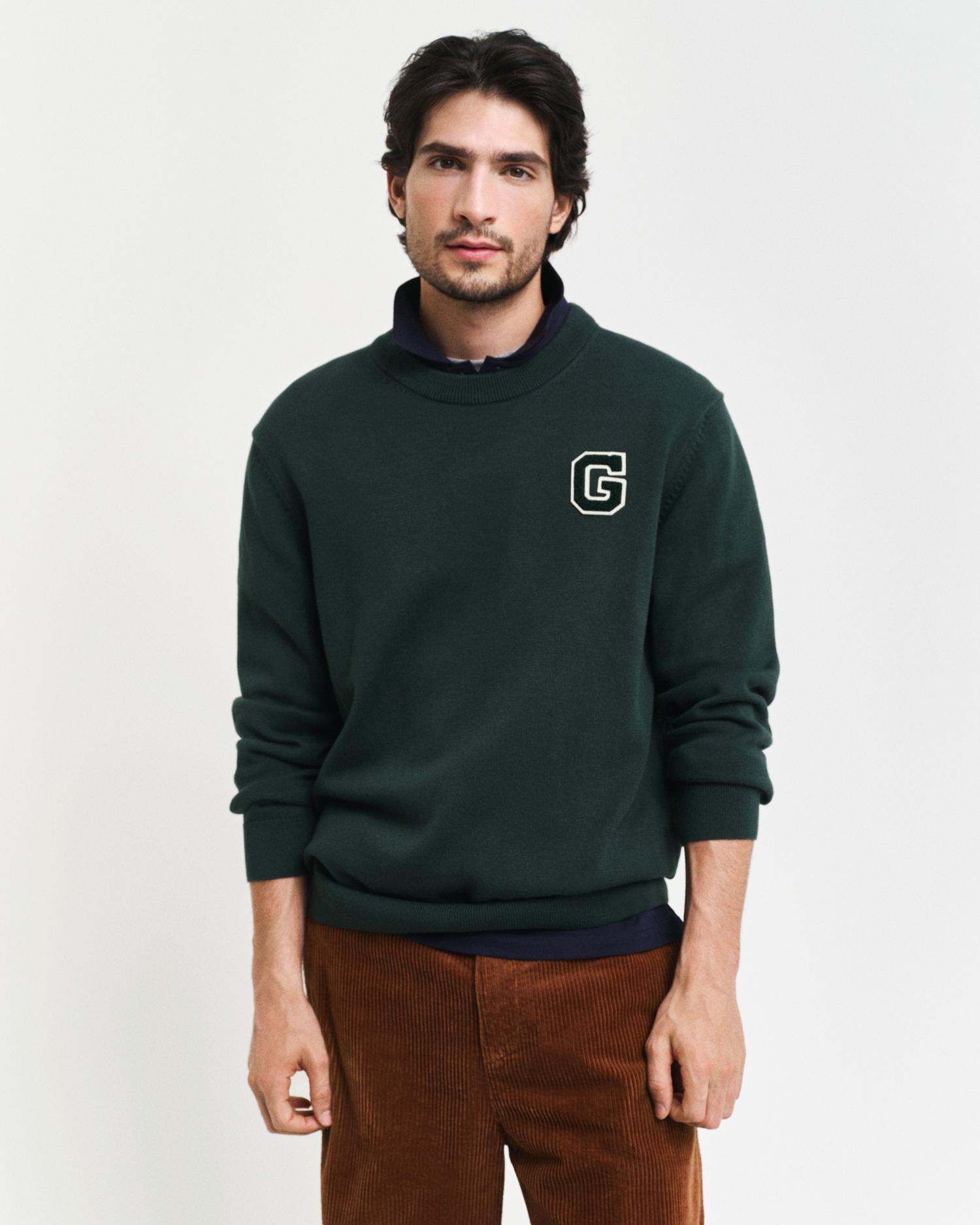 GANT Erkek Yeşil Relaxed Fit Bisiklet Yaka Logolu Kazak