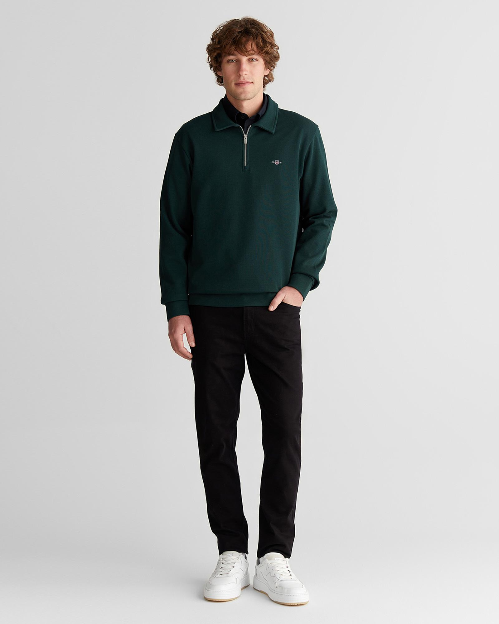 GANT Erkek Yeşil Regular Fit Yarım Fermuarlı Logolu Sweatshirt