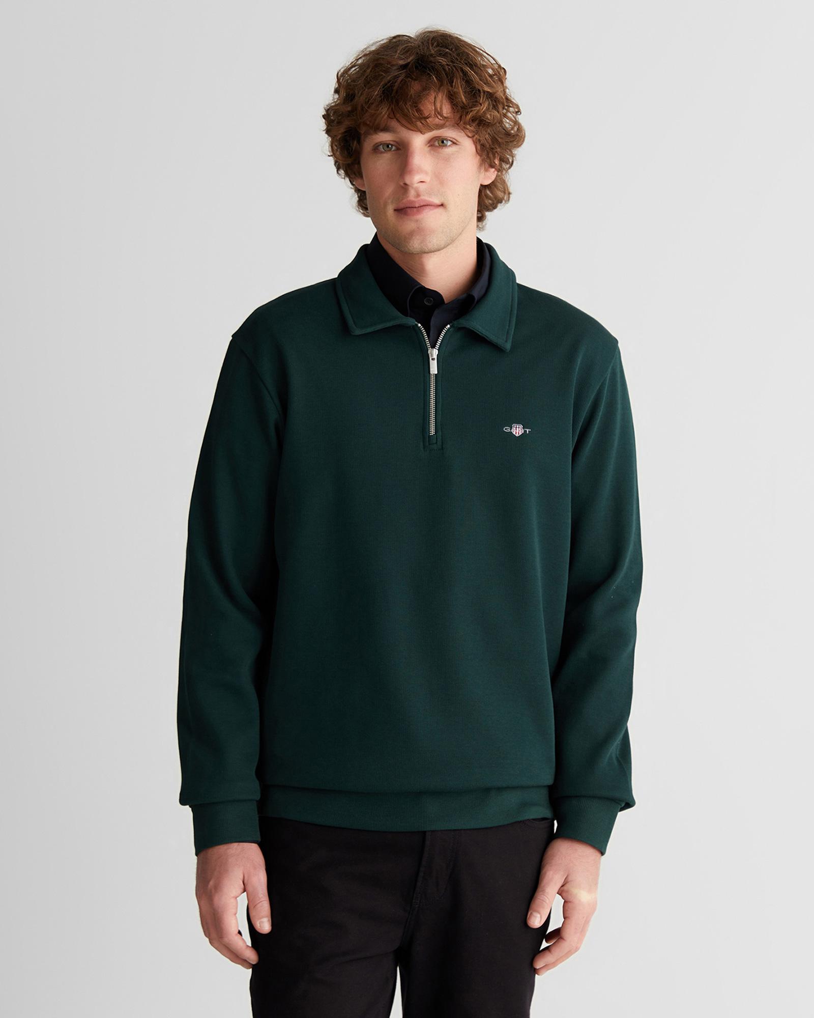 GANT Erkek Yeşil Regular Fit Yarım Fermuarlı Logolu Sweatshirt