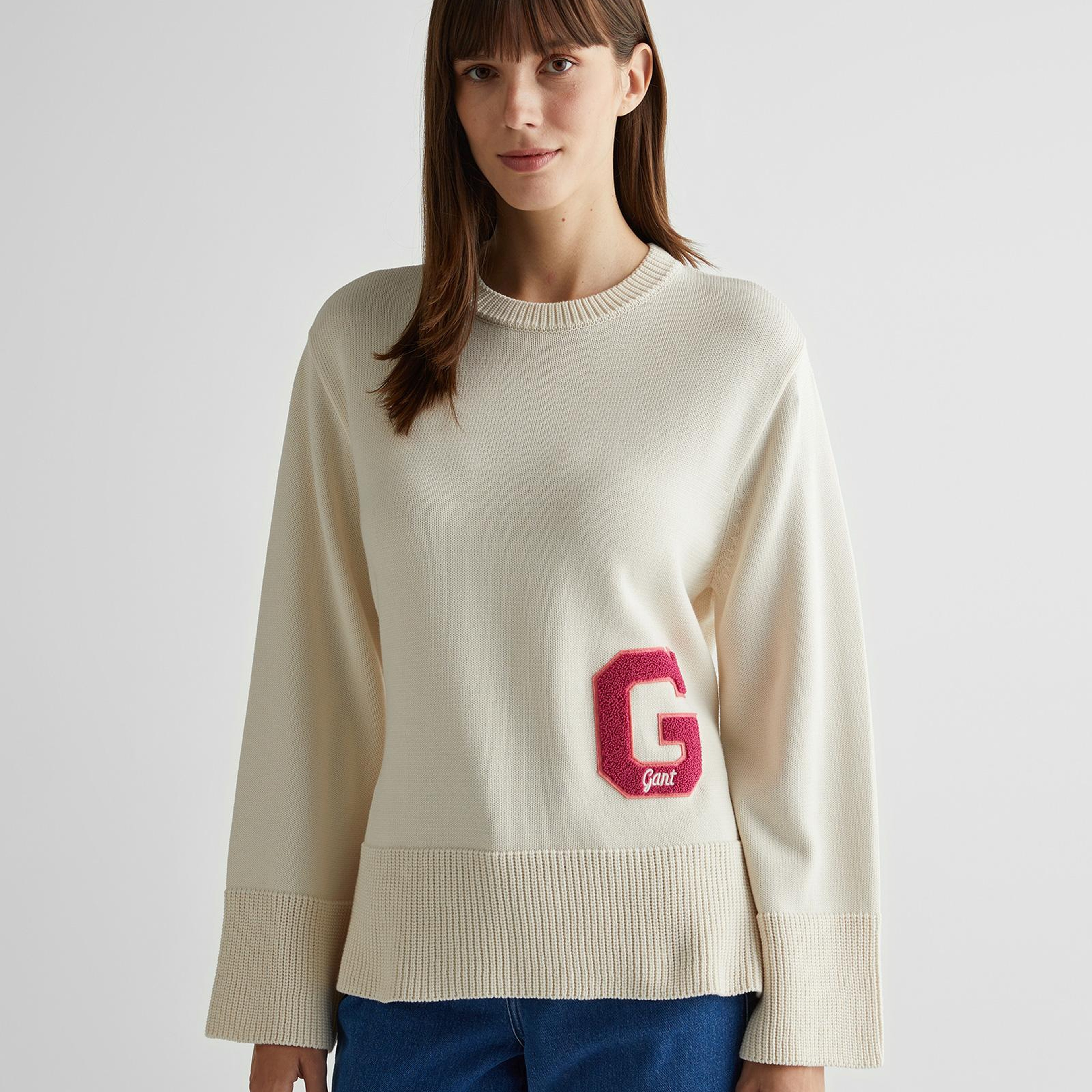 GANT Kadın Krem Oversize Fit Bisiklet Yaka Logolu Kazak