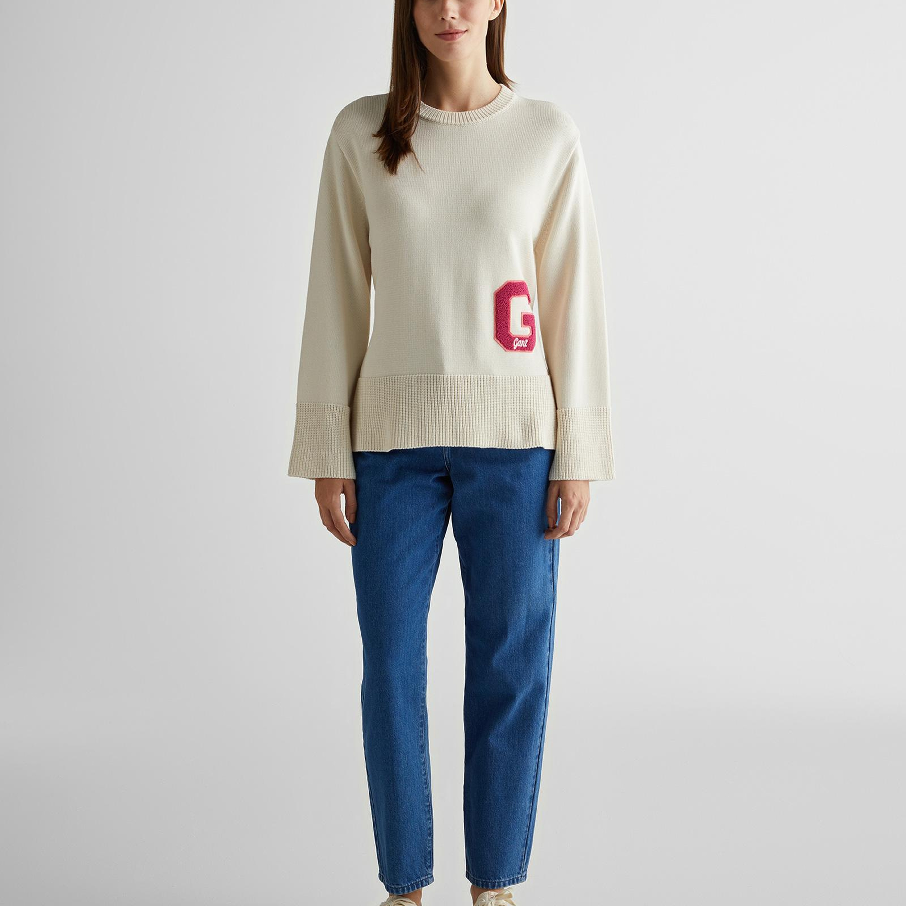 GANT Kadın Krem Oversize Fit Bisiklet Yaka Logolu Kazak
