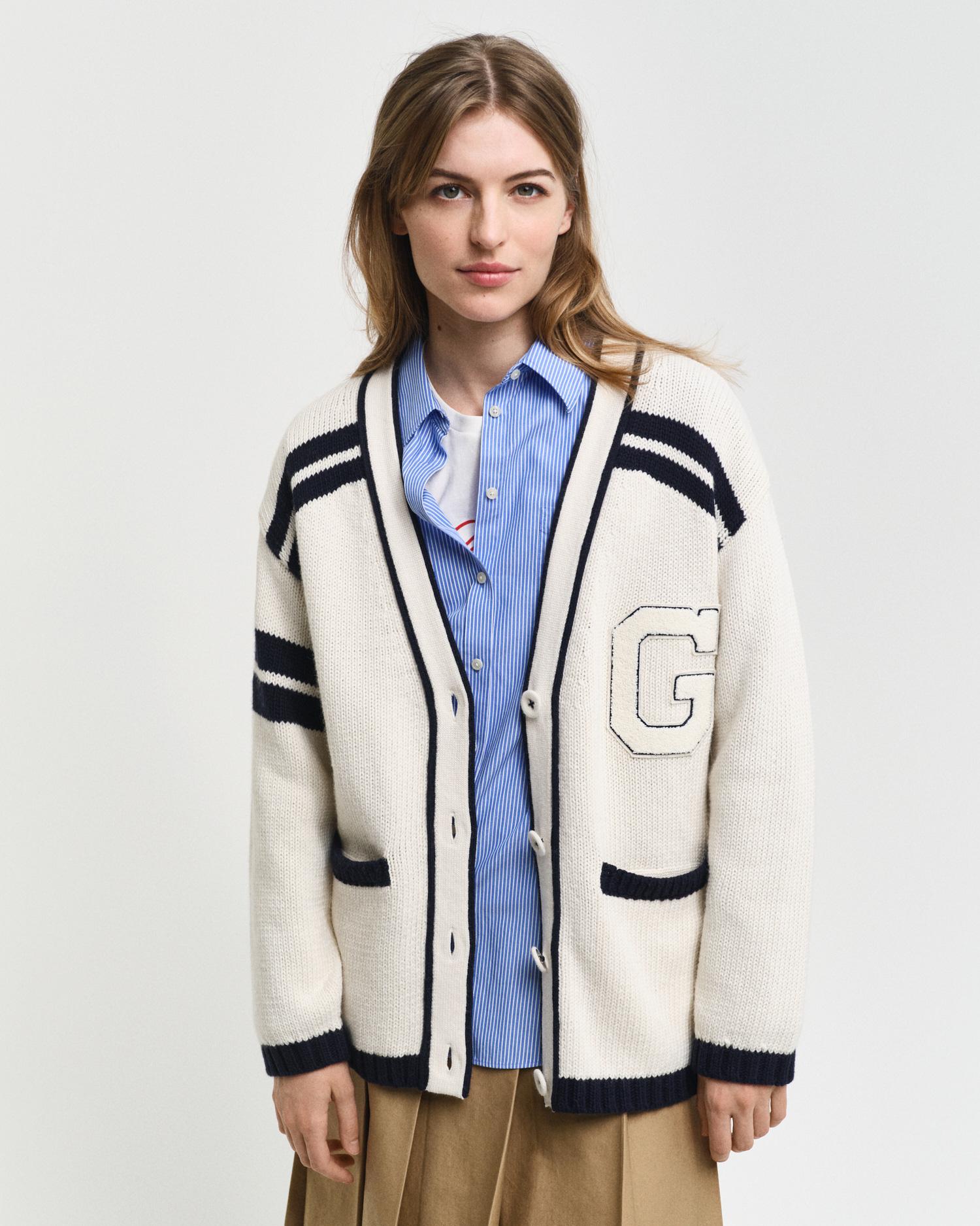 GANT Kadın Beyaz Oversize Fit Klasik Yaka Logolu Hırka